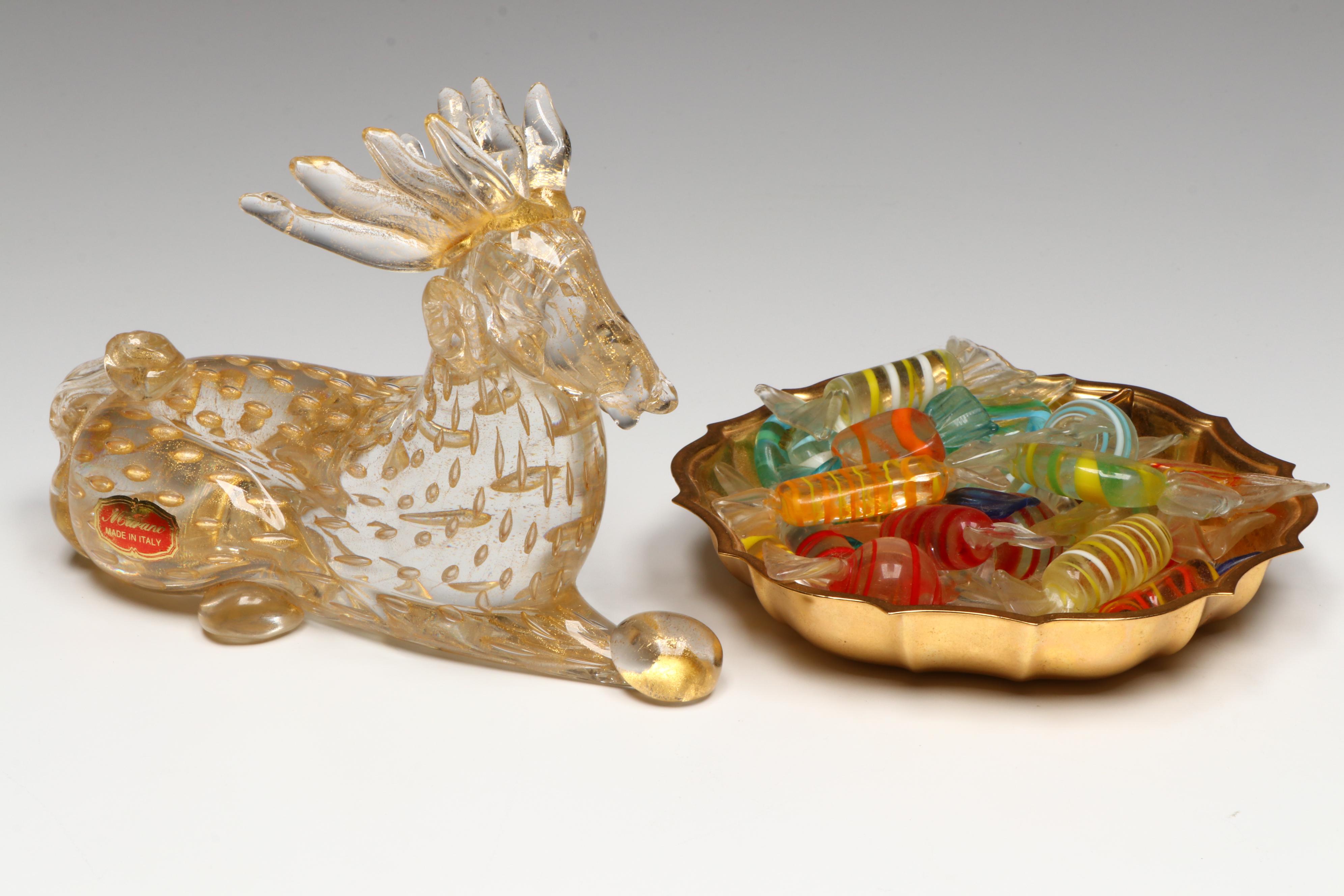 Tiara Glass Basket Vase, Italian Gilt Stag and Other Art Glass