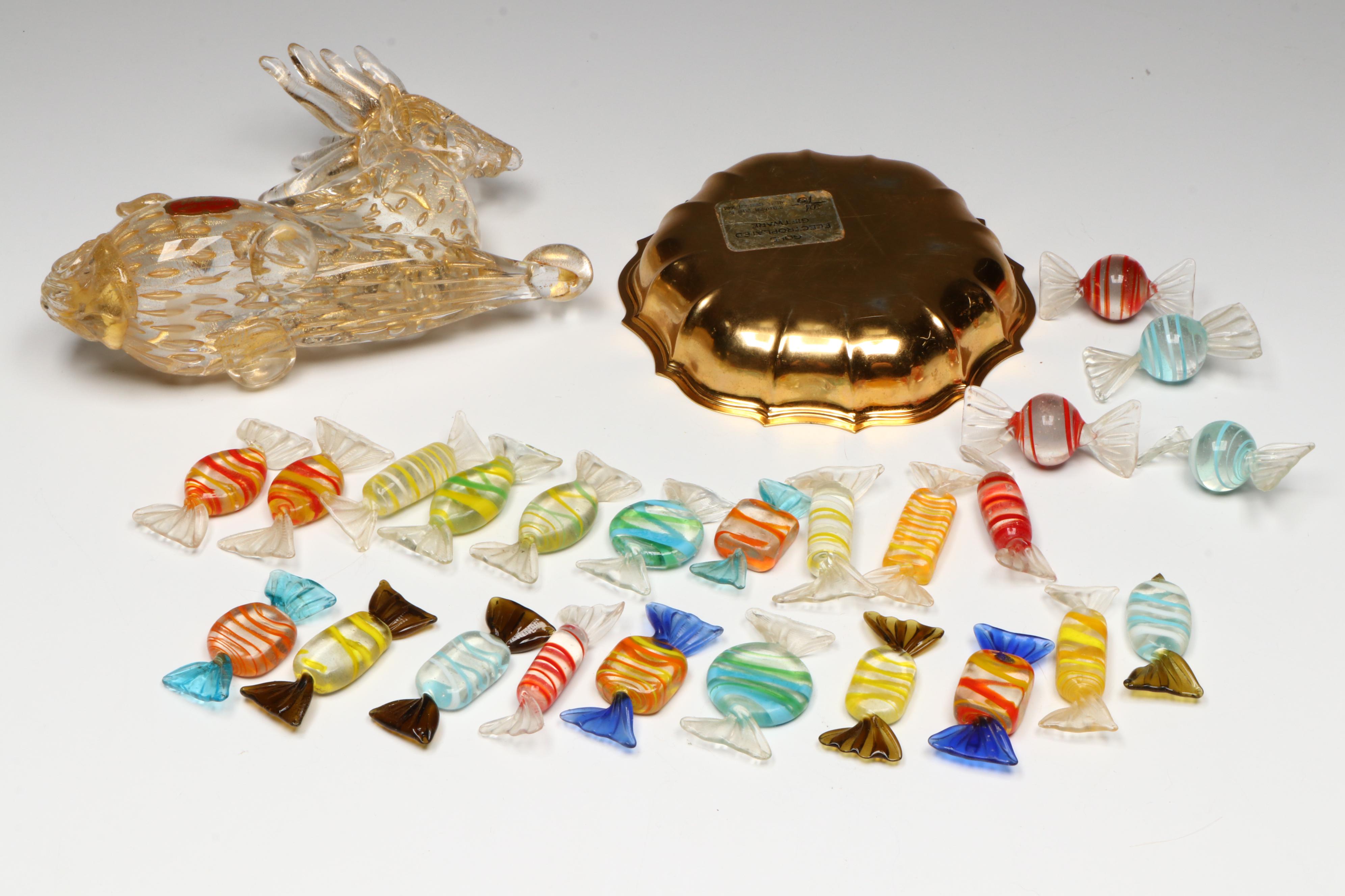 Tiara Glass Basket Vase, Italian Gilt Stag and Other Art Glass