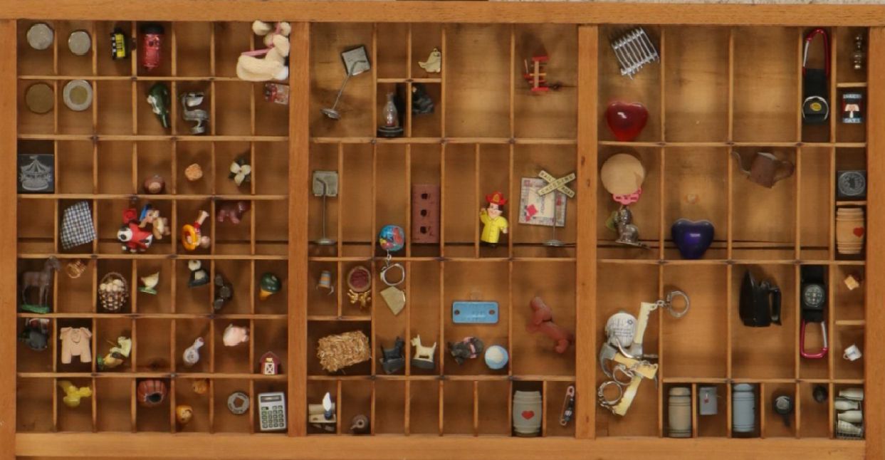 Wooden Printer's Letterpress Typeset Tray of Farm Miniatures & More Memorabilia