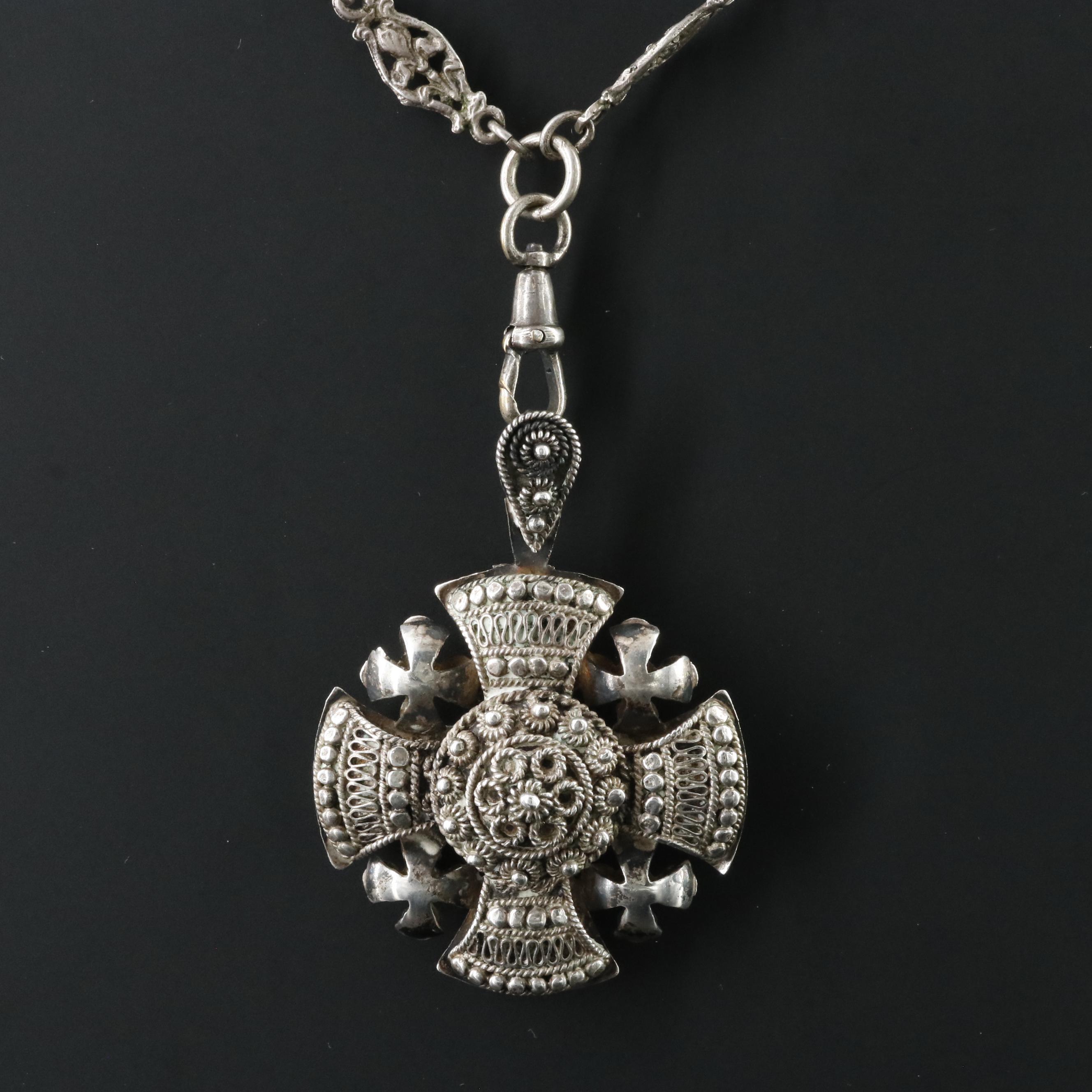 Vintage 950 Silver Jerusalem Cross on Sterling Necklace