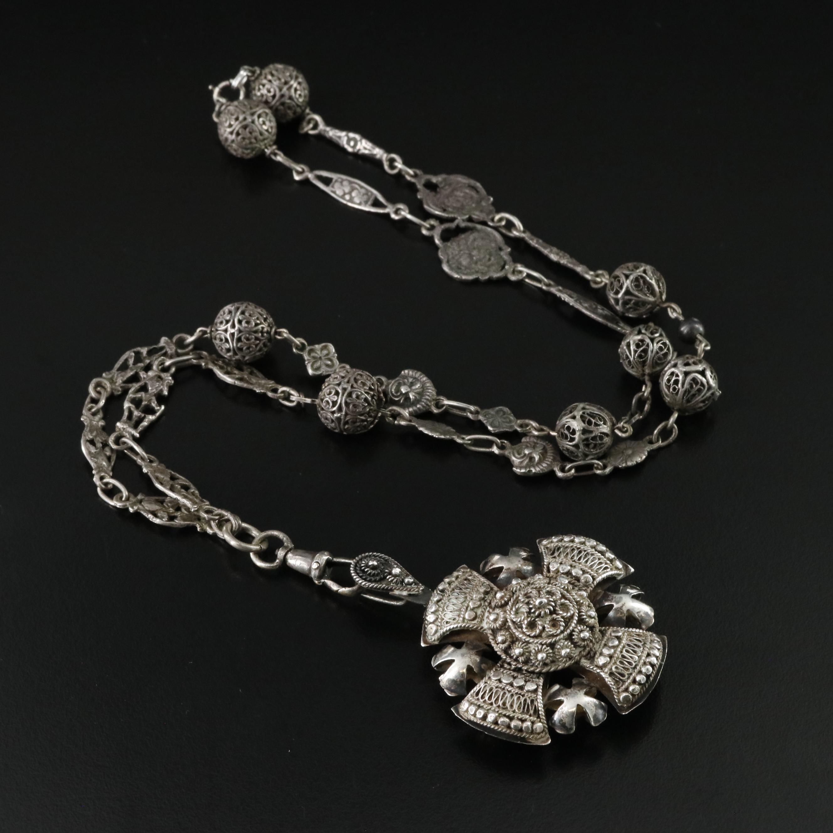 Vintage 950 Silver Jerusalem Cross on Sterling Necklace
