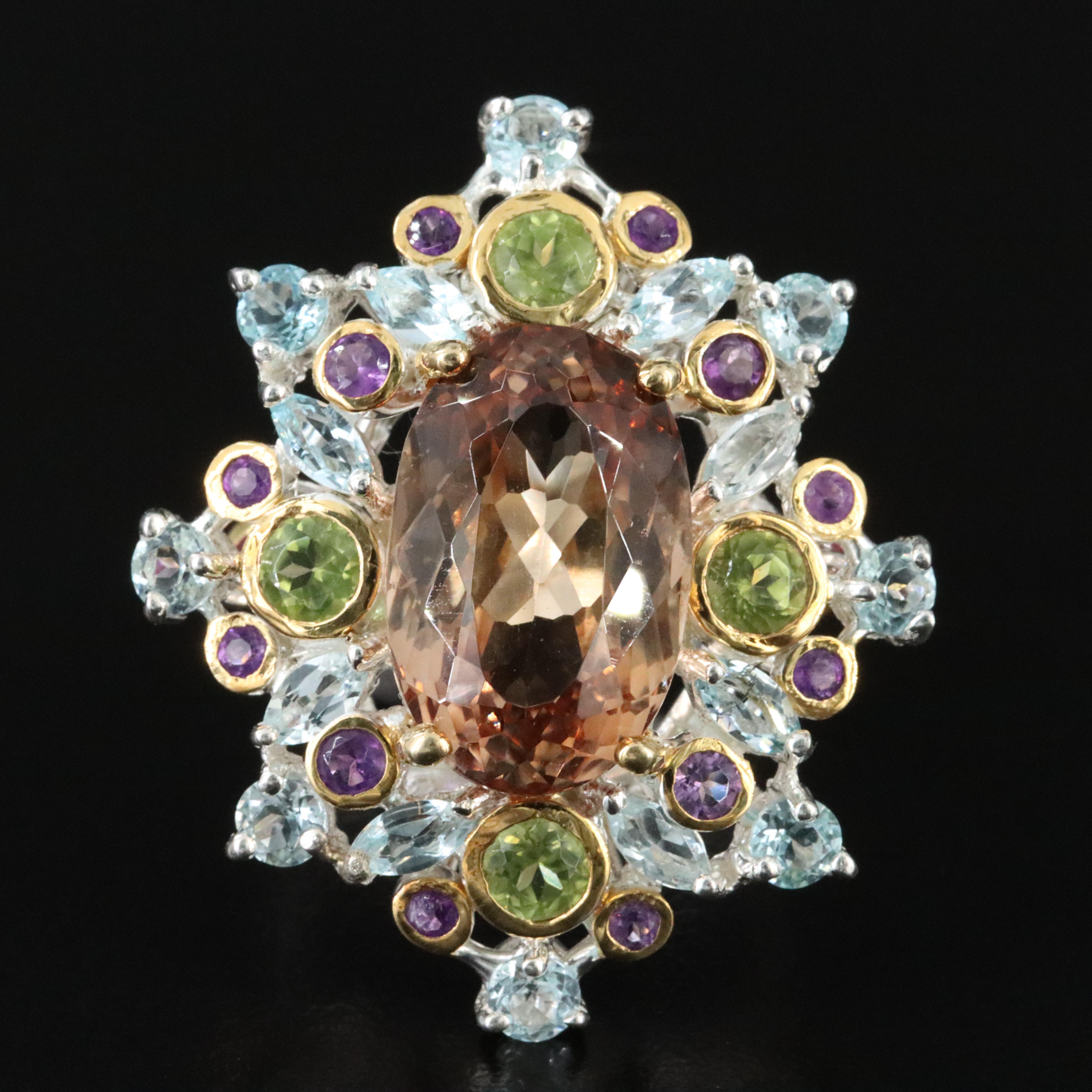 Sterling Topaz, Peridot and Amethyst Ring