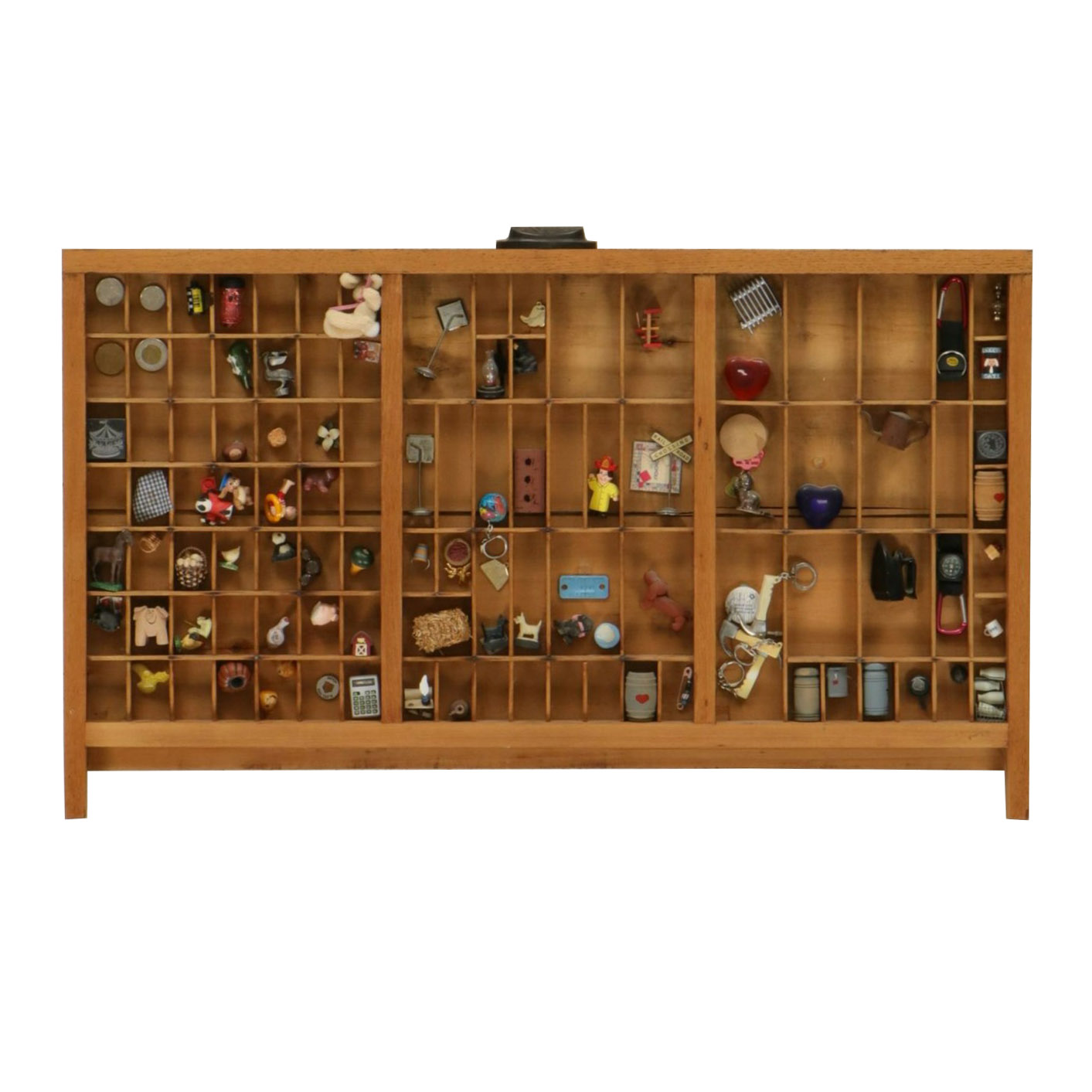 Wooden Printer's Letterpress Typeset Tray of Farm Miniatures & More Memorabilia