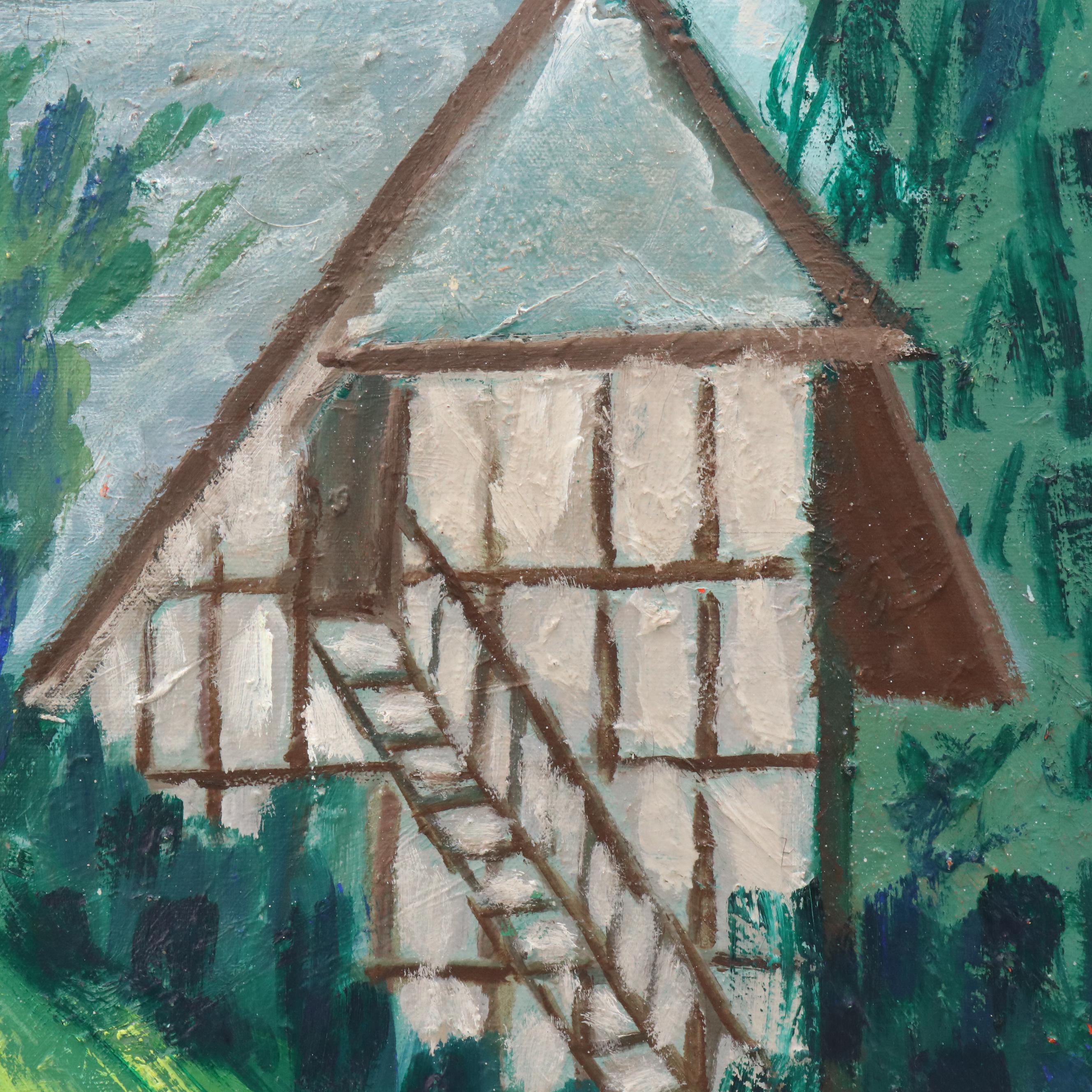 Janice Guttman Landscape Acrylic Painting of Hillside House, 2004