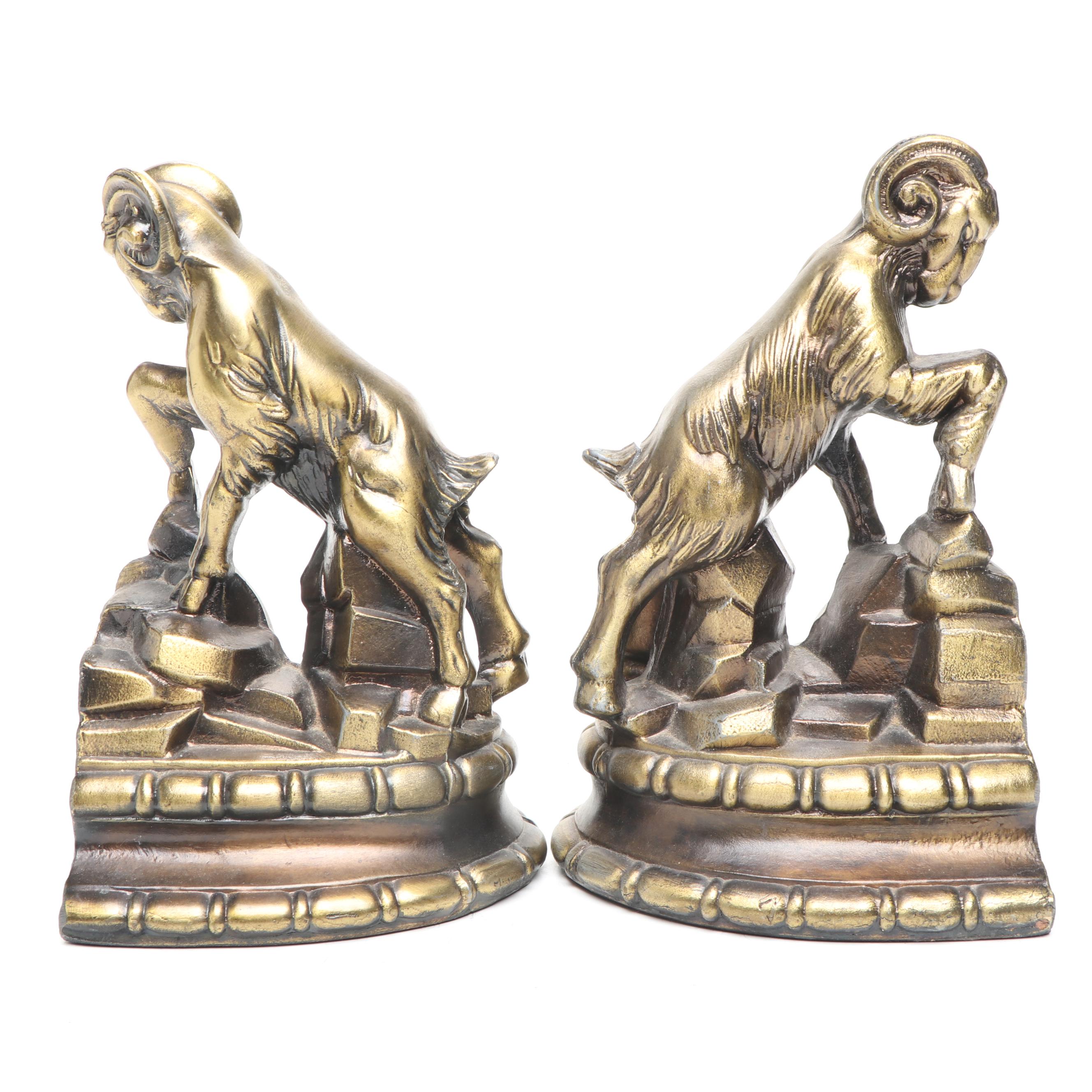 Cast Brass Horned Ram Bookends, Late 20th Century