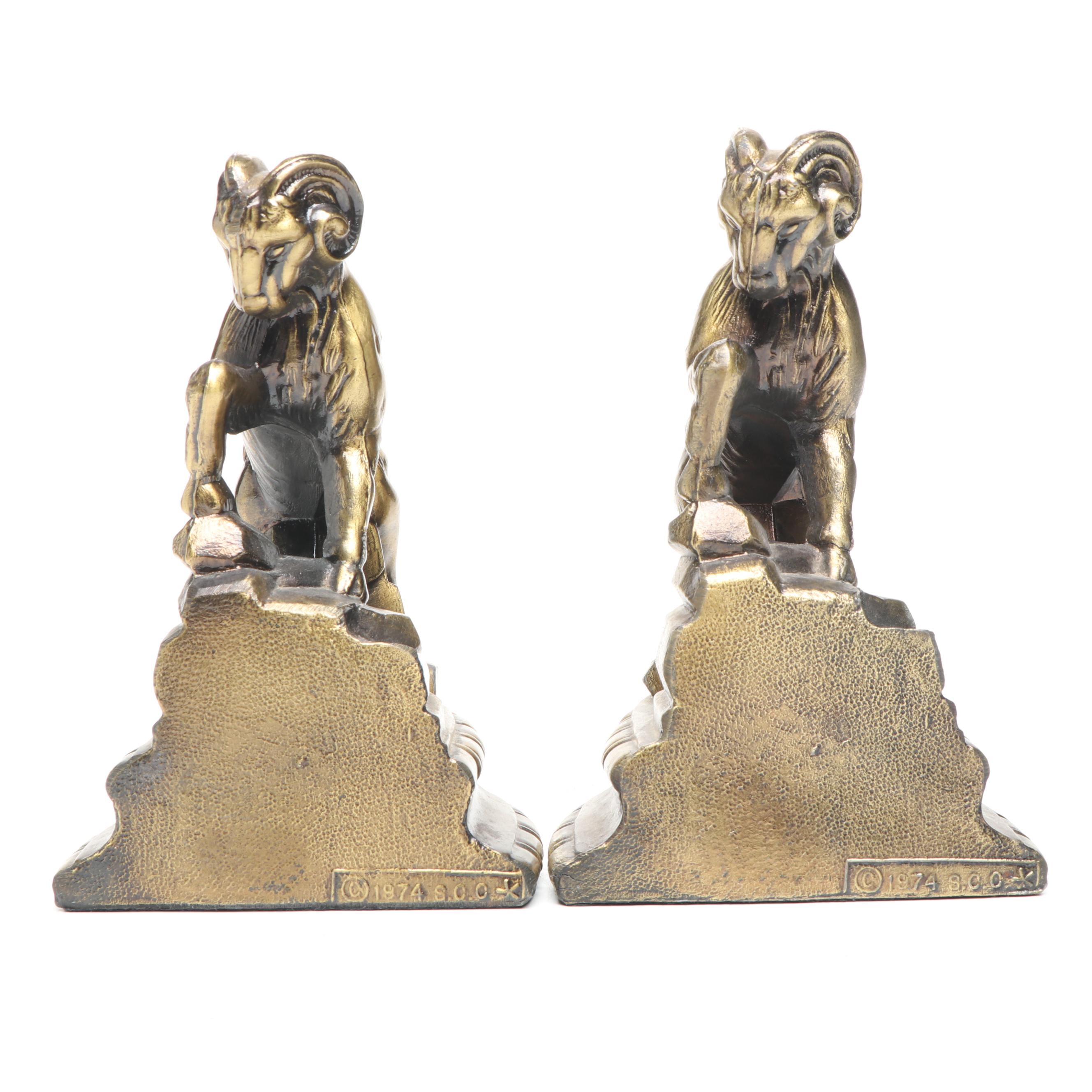 Cast Brass Horned Ram Bookends, Late 20th Century