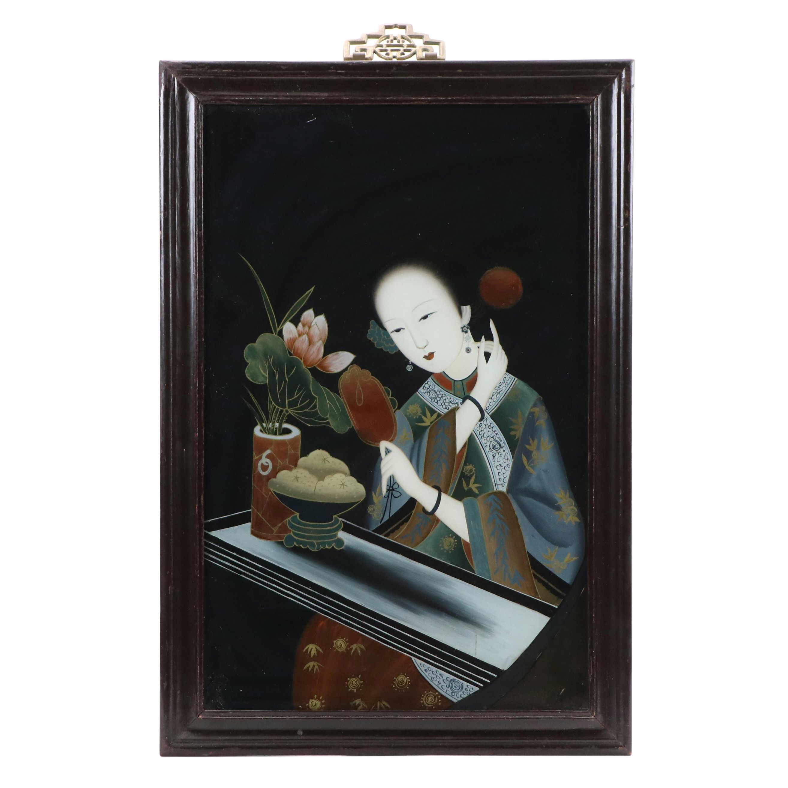 Chinese School Reverse Glass Painting of Seated Woman with Mirror and Peony