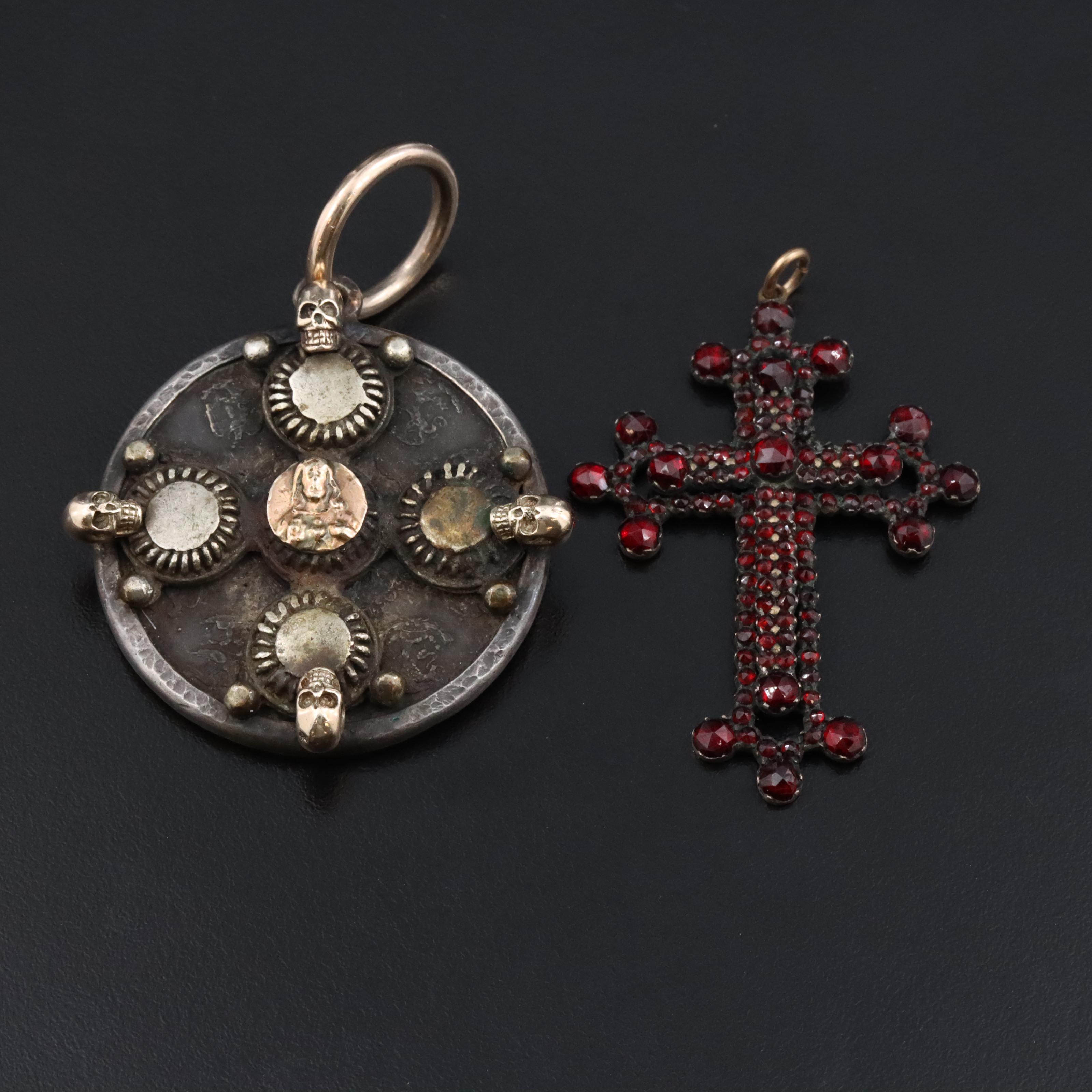 Antique Garnet Cross and Sterling 2002 Mexican Silver Bullion Coin Pendants