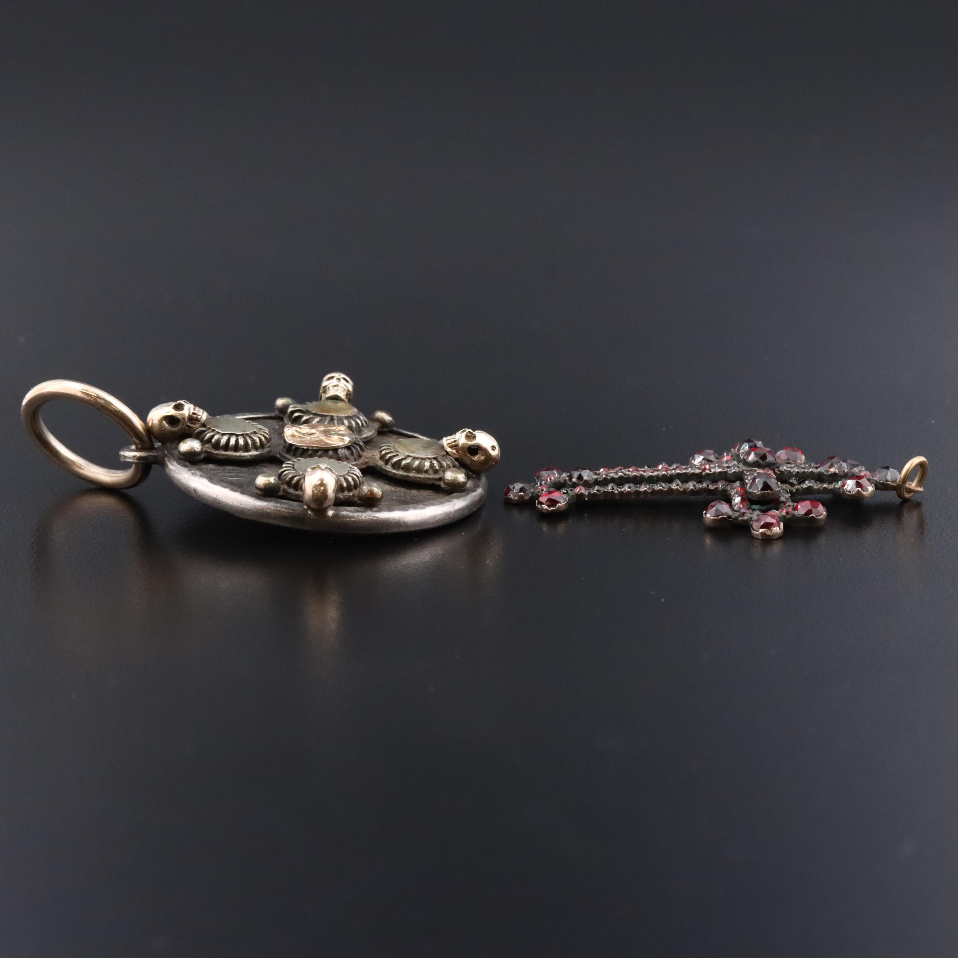 Antique Garnet Cross and Sterling 2002 Mexican Silver Bullion Coin Pendants