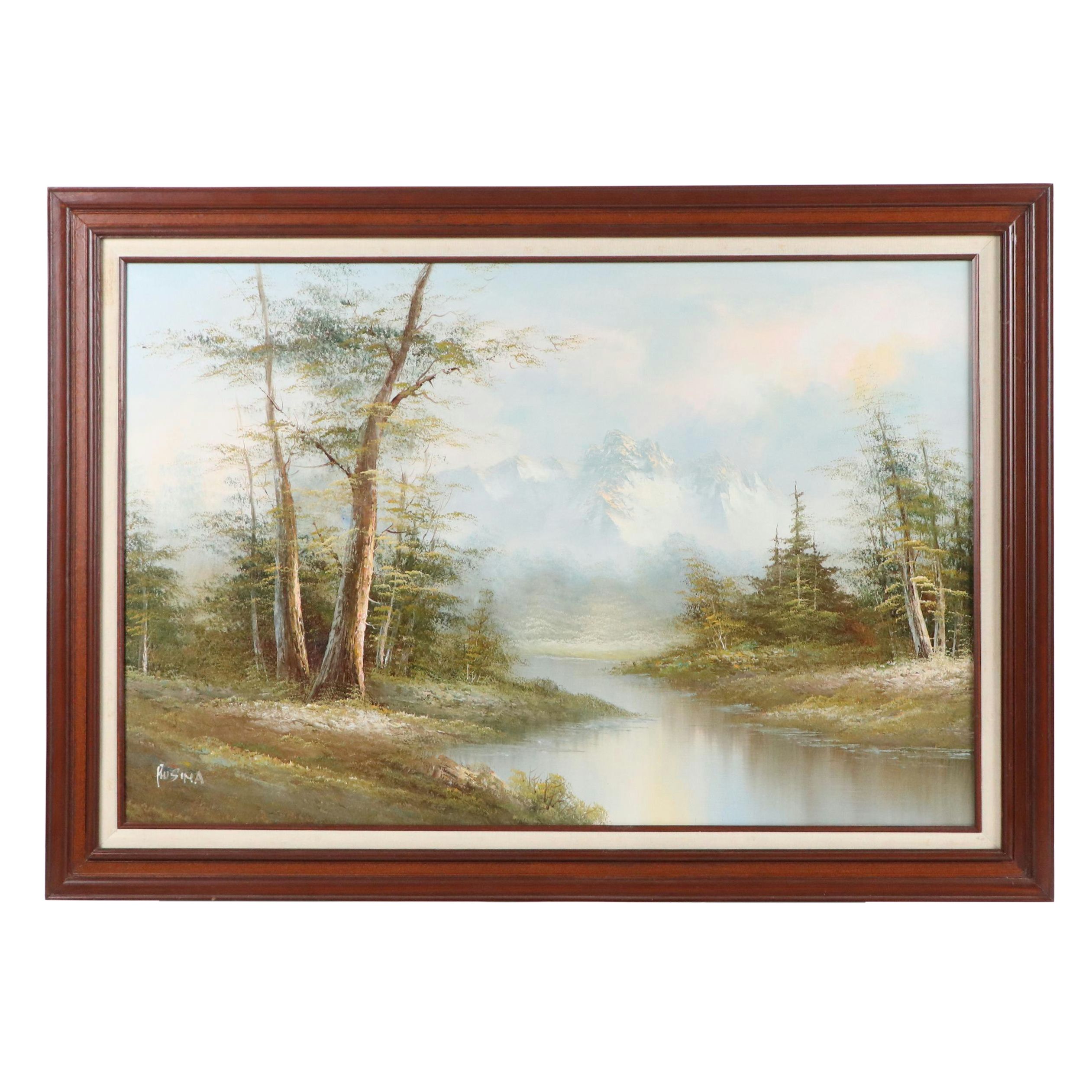 Rusima Landscape Oil Painting of Forest Stream with Distant Mountain