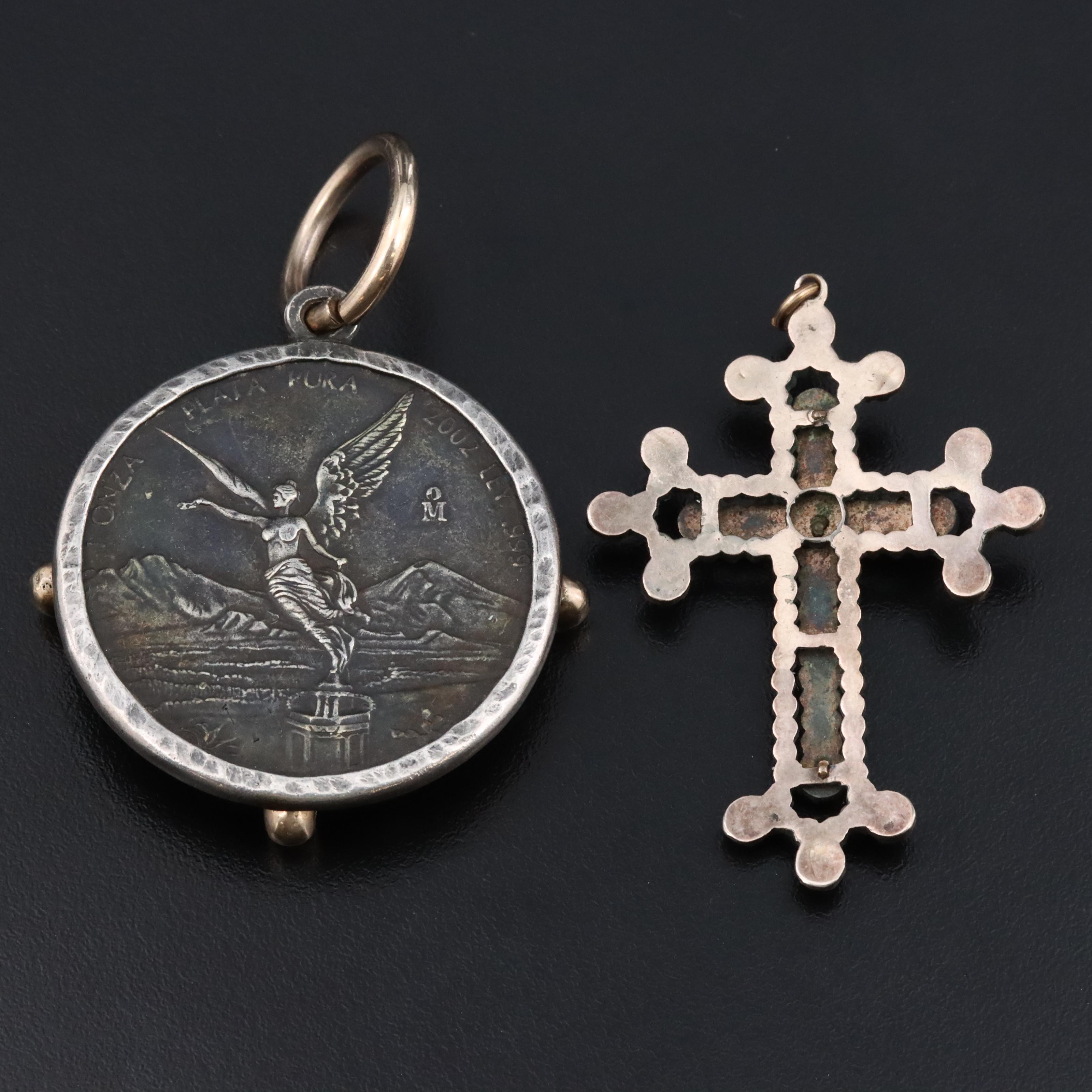 Antique Garnet Cross and Sterling 2002 Mexican Silver Bullion Coin Pendants