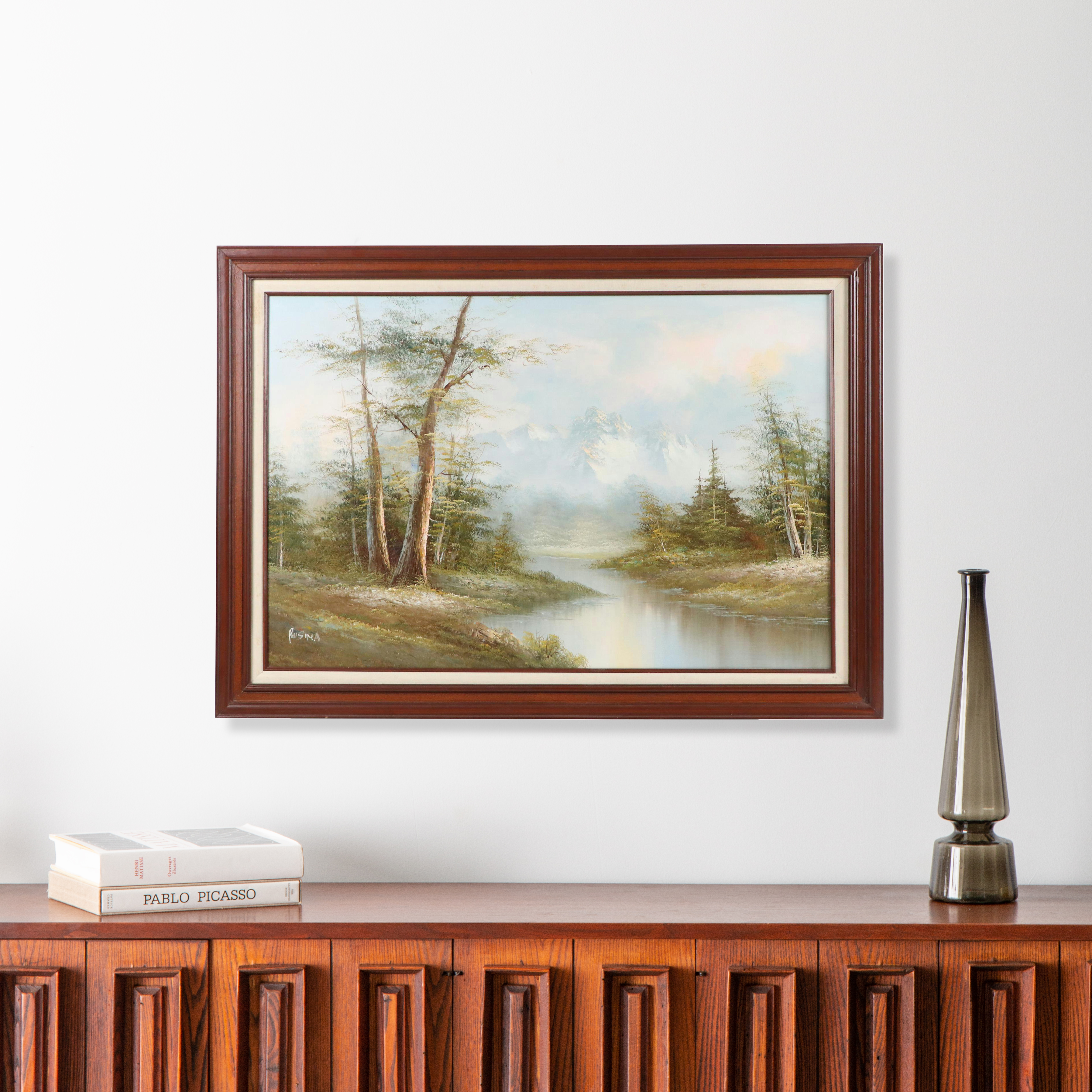 Rusima Landscape Oil Painting of Forest Stream with Distant Mountain