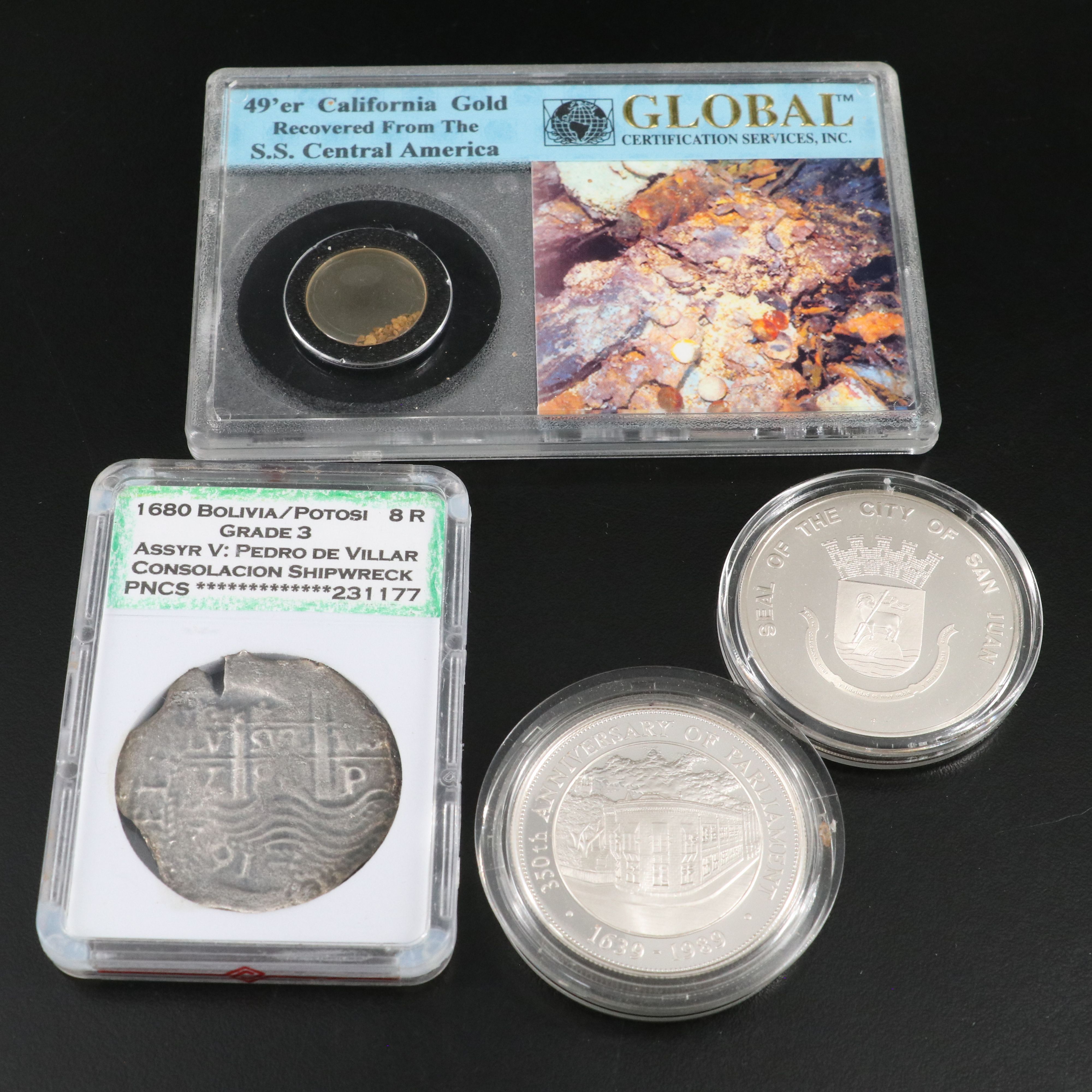 1680 Bolivia 8 Reales, and SS Central America Gold Nuggets and Other Coins