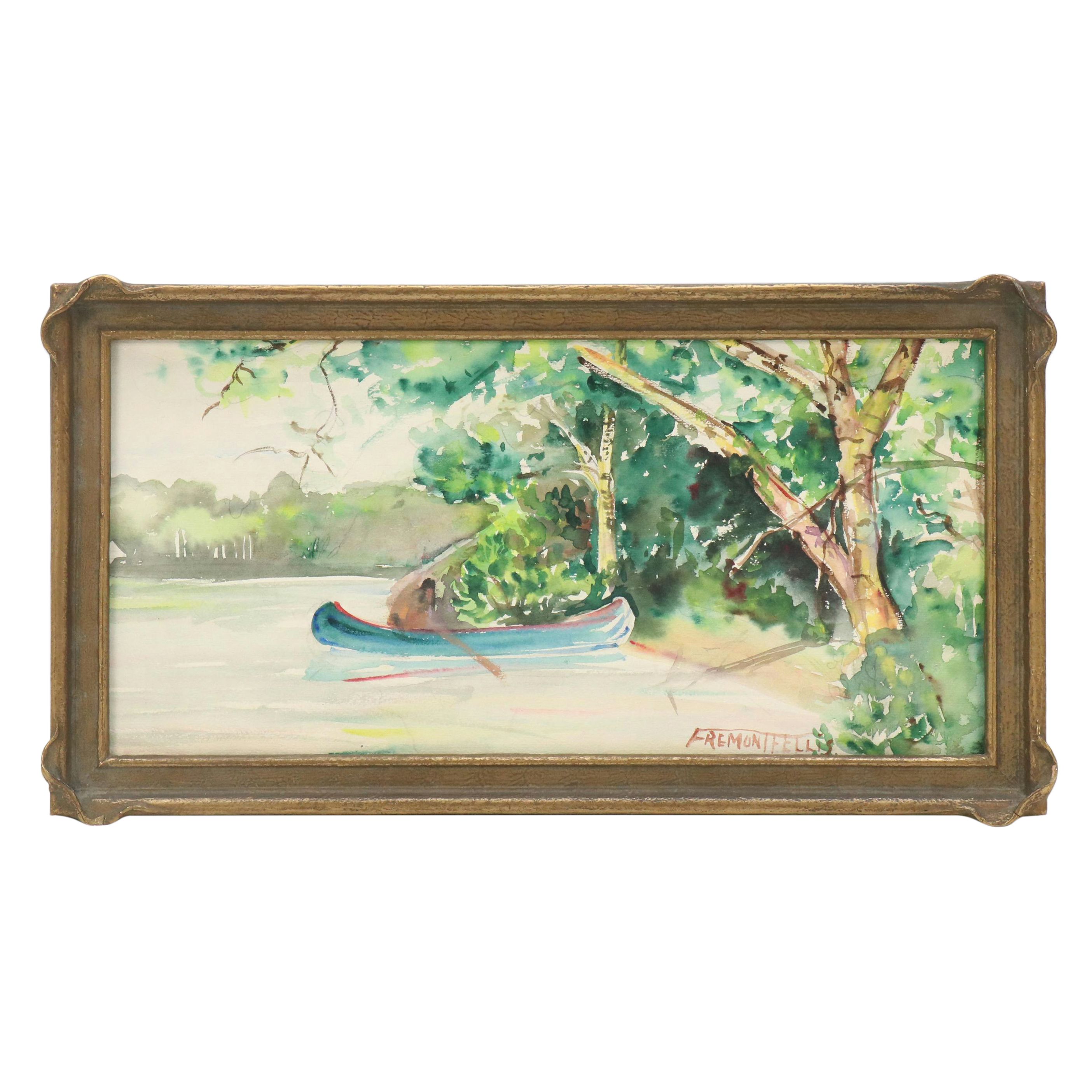 Fremont F. Ellis Riverscape Watercolor Painting of Canoe on Shaded Bank, 20th C.