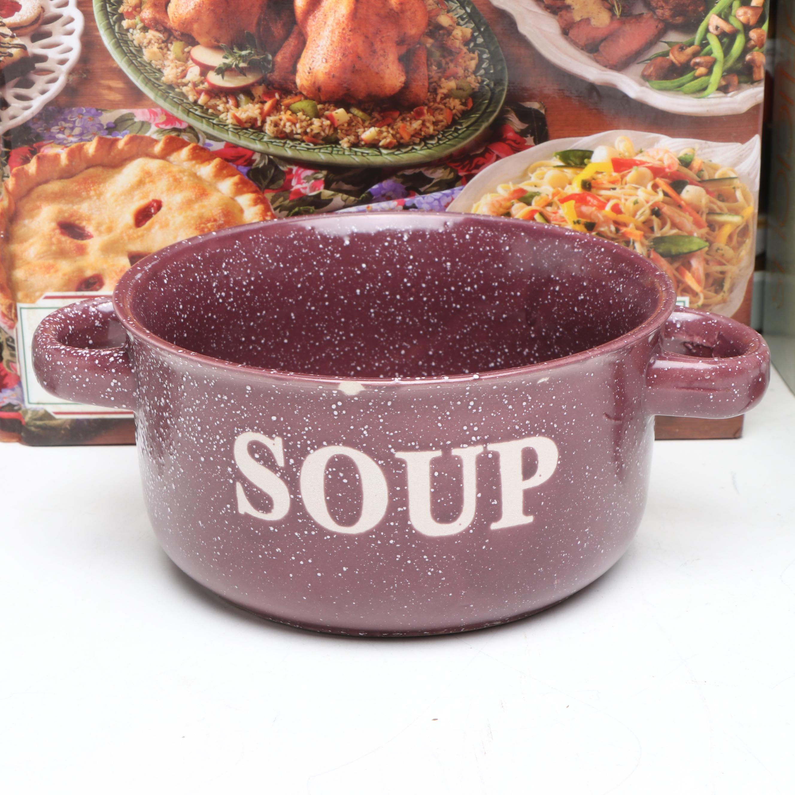 Wilton Fondue Set with Smuckers Glass Jars and Other Ceramic Bowl and Cookbooks