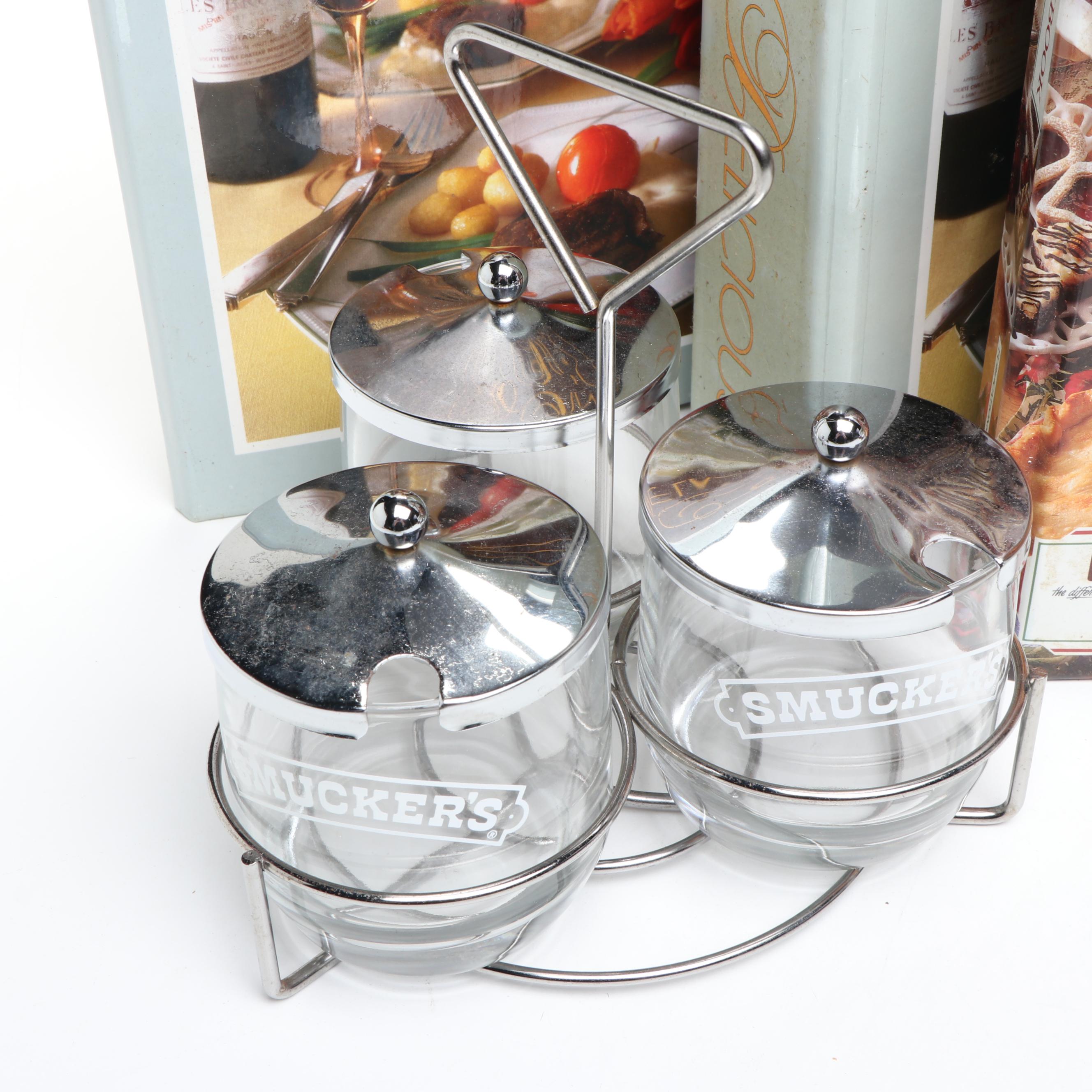 Wilton Fondue Set with Smuckers Glass Jars and Other Ceramic Bowl and Cookbooks