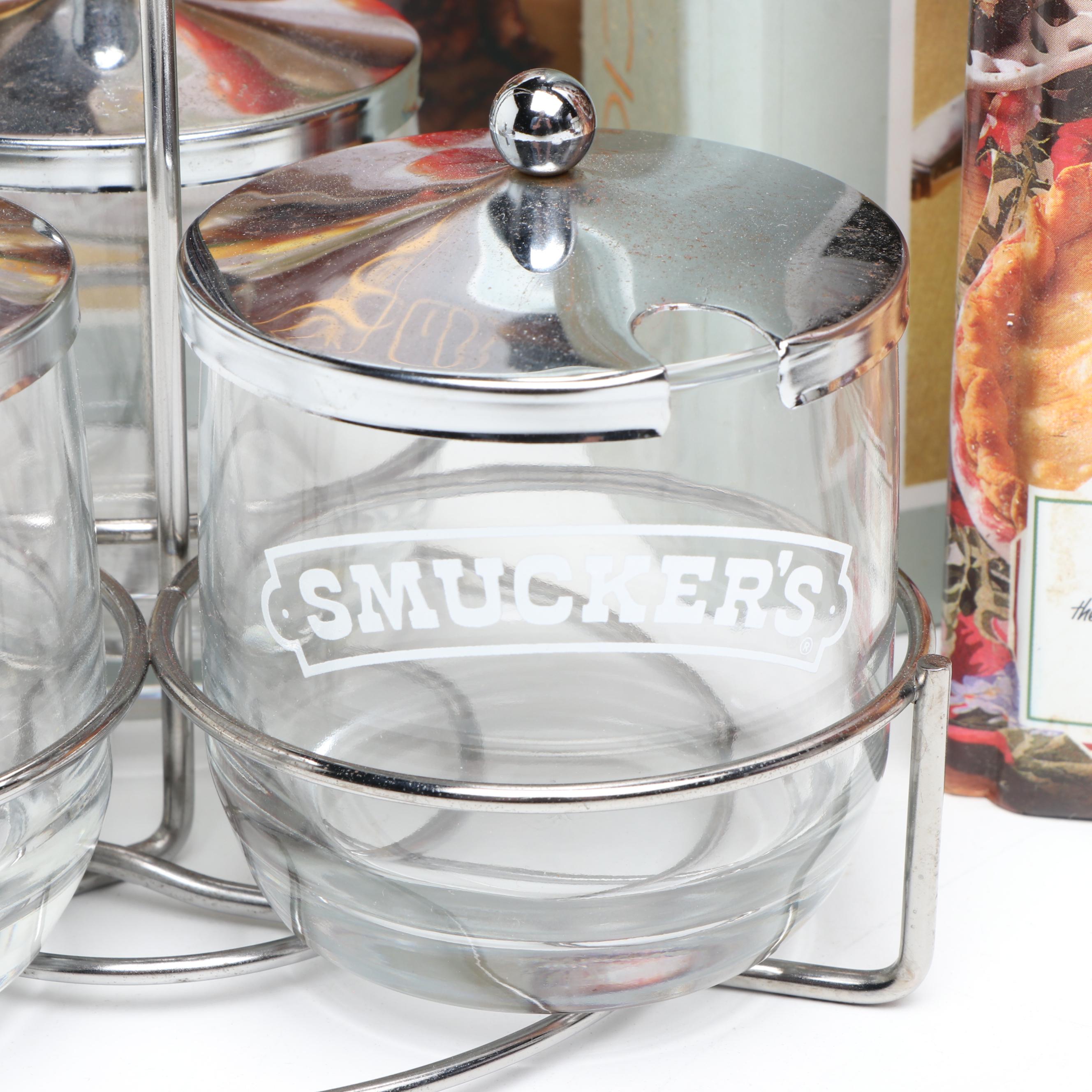 Wilton Fondue Set with Smuckers Glass Jars and Other Ceramic Bowl and Cookbooks