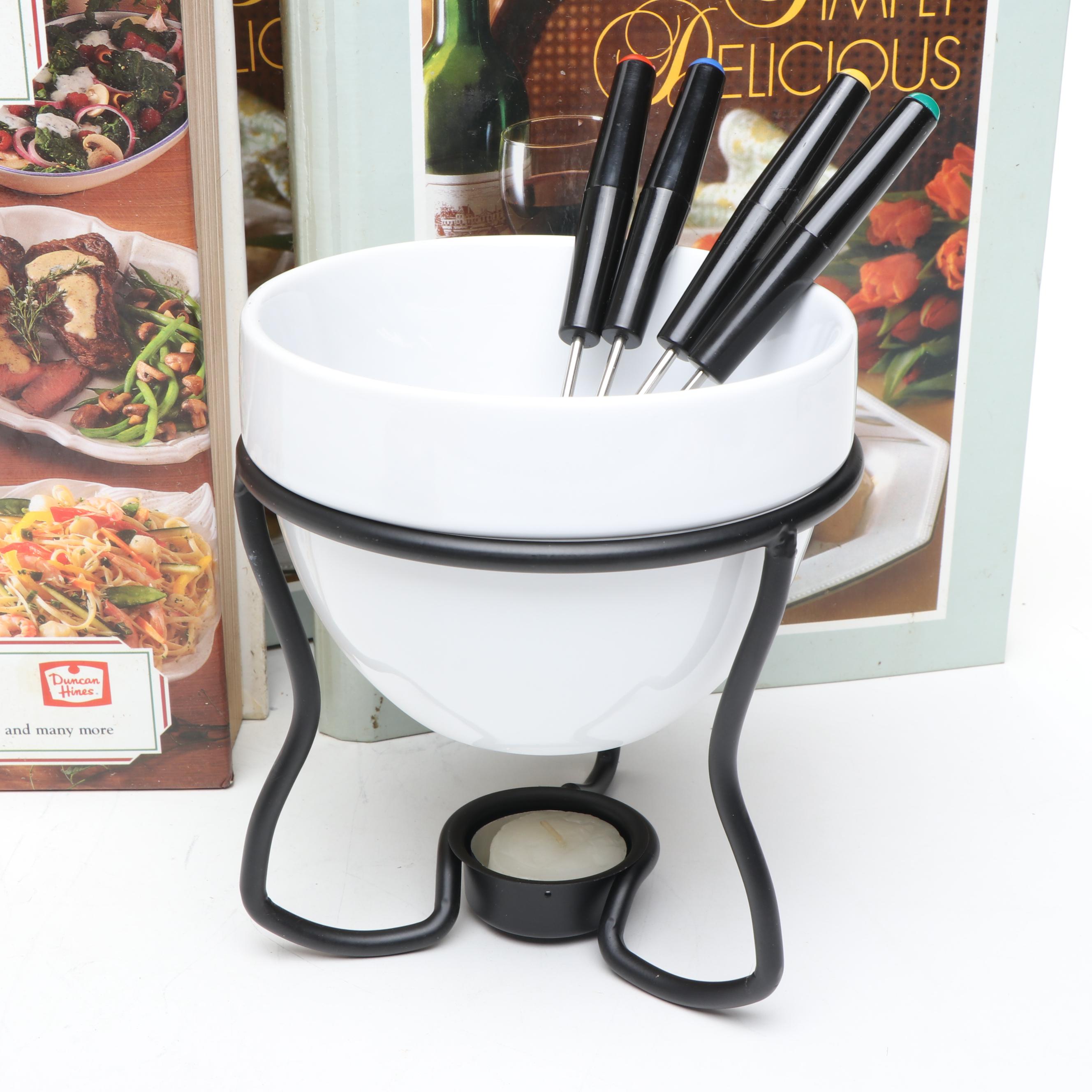 Wilton Fondue Set with Smuckers Glass Jars and Other Ceramic Bowl and Cookbooks