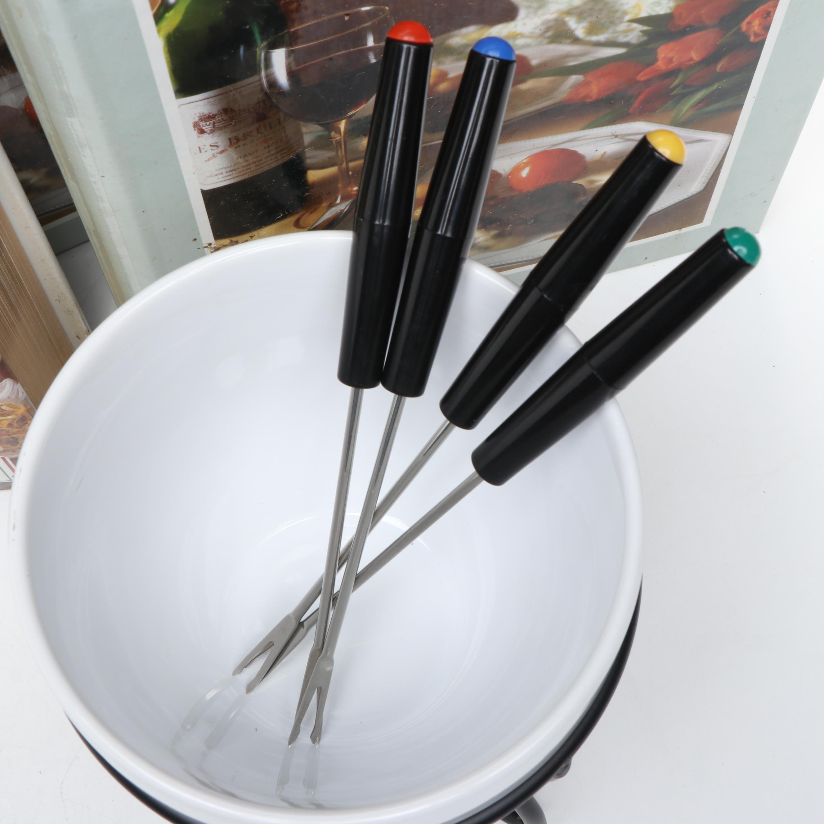 Wilton Fondue Set with Smuckers Glass Jars and Other Ceramic Bowl and Cookbooks