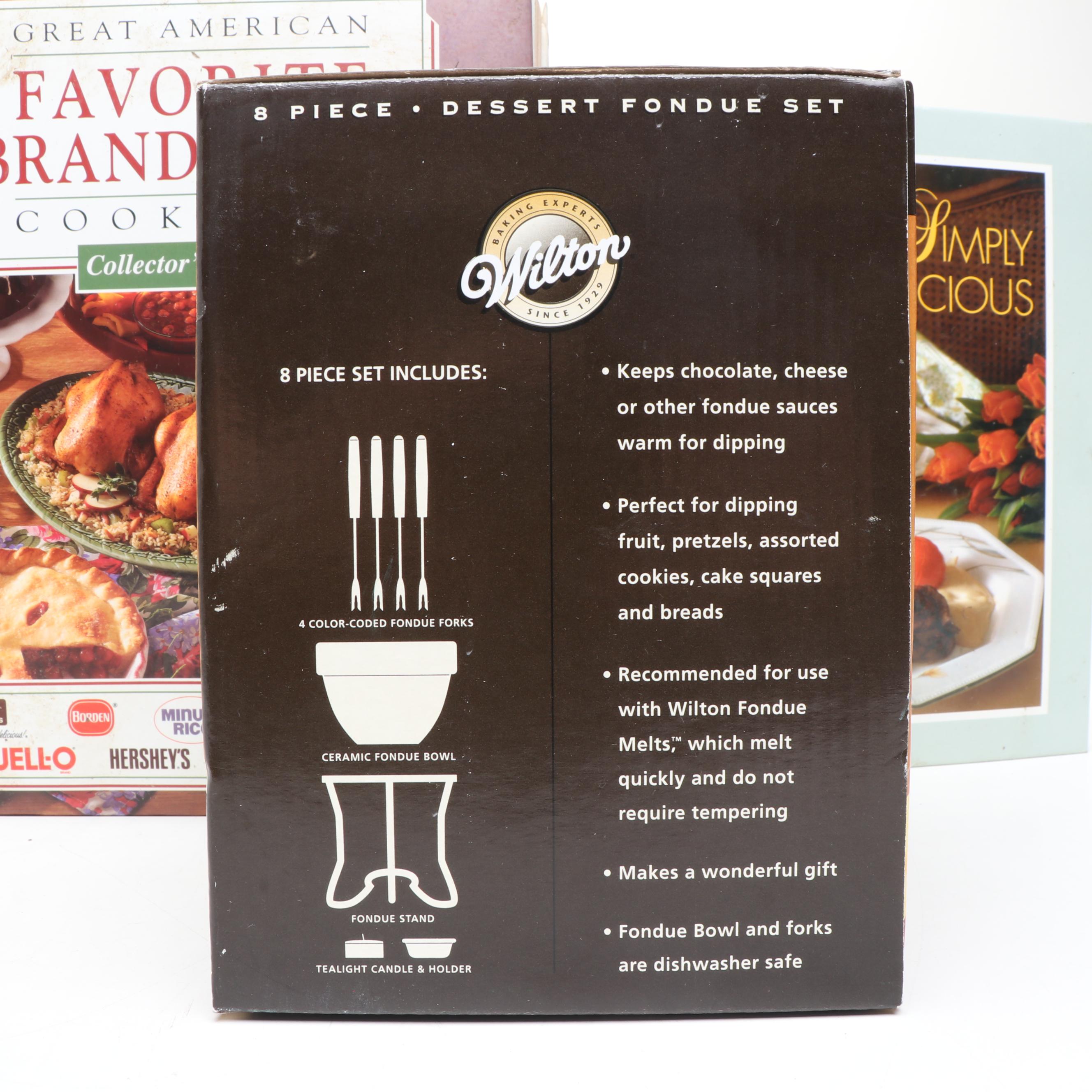 Wilton Fondue Set with Smuckers Glass Jars and Other Ceramic Bowl and Cookbooks