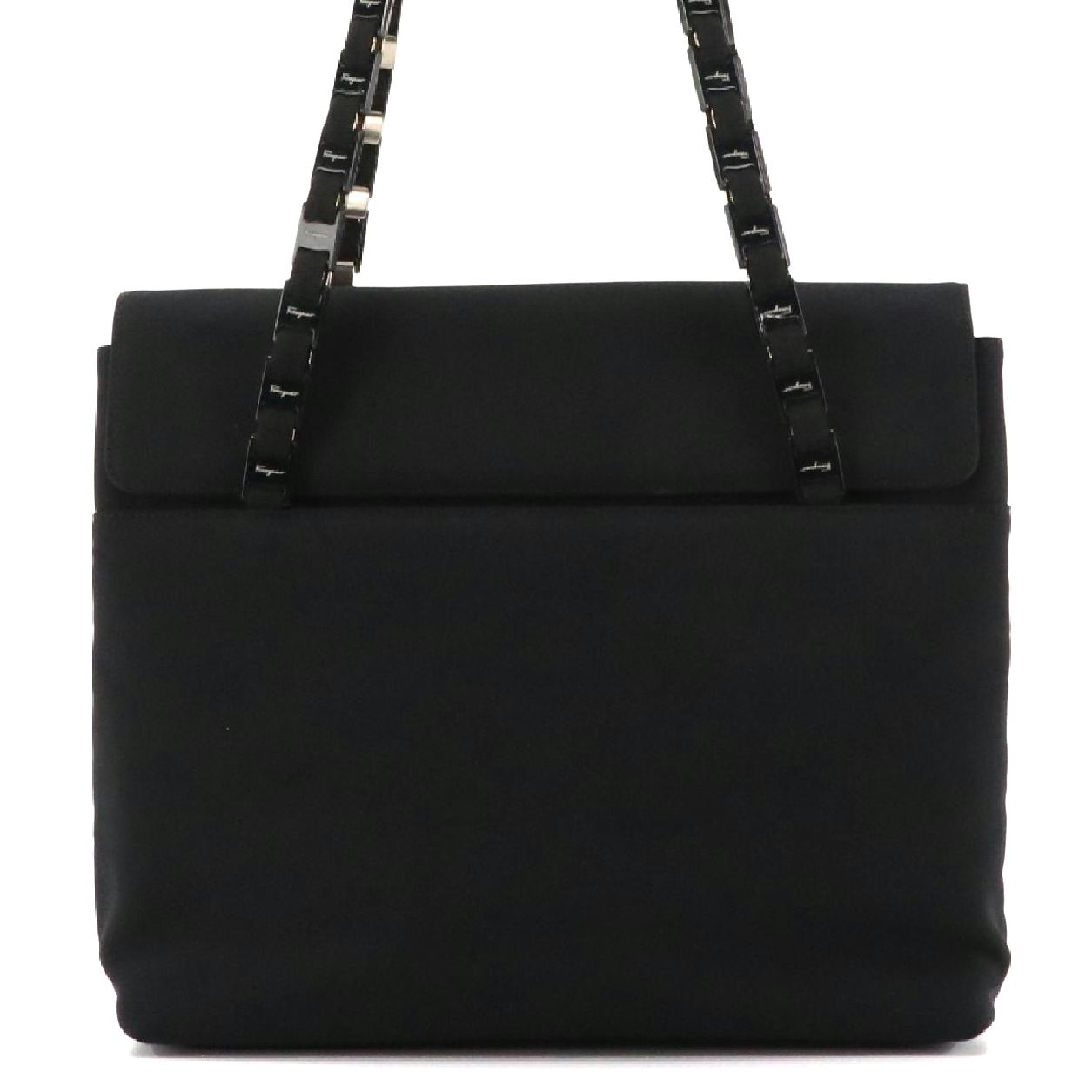 Salvatore Ferragamo Vara Chain Strap Shoulder Bag in Black Nylon Canvas