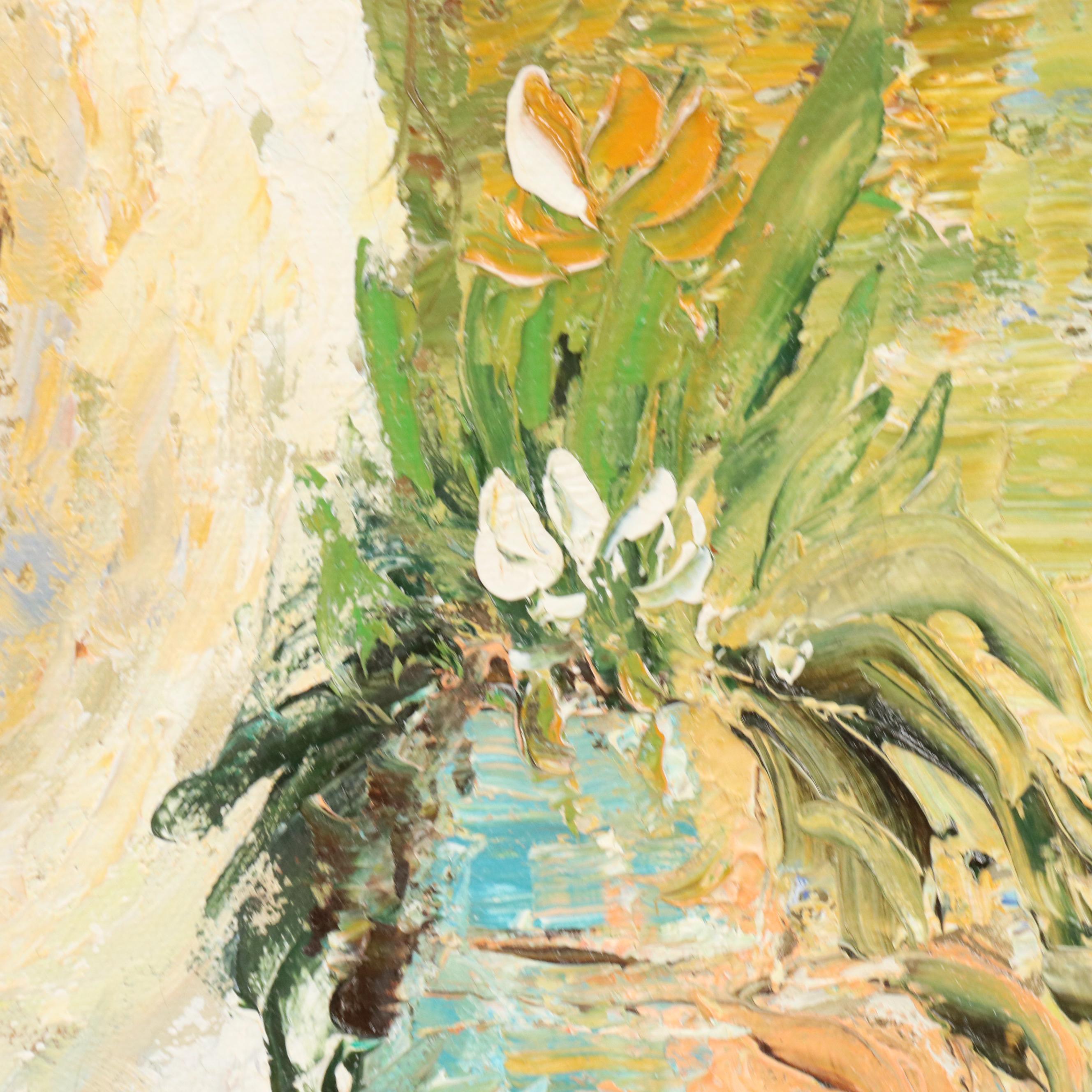 Impressionistic Style Oil Painting of Figure in Floral Landscape