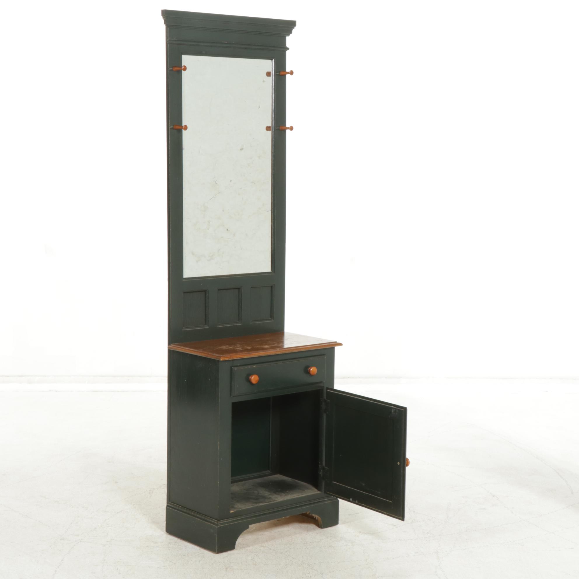 Green-Painted Entryway Cabinet and Mirror, Late 20th Century