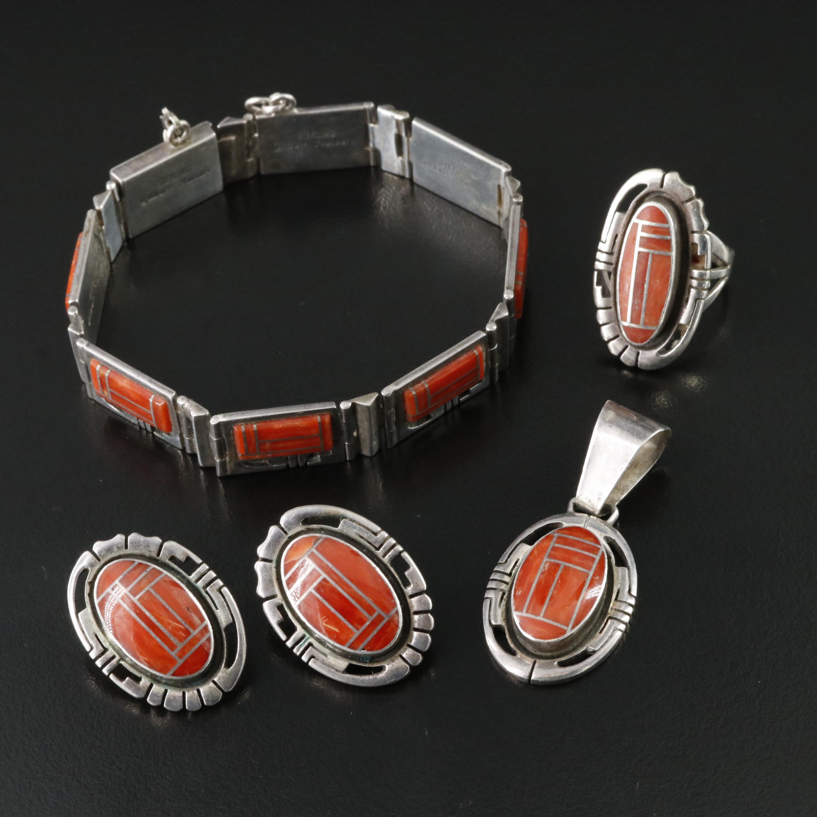 Gilbert Nelson Navajo Diné Sterling Coral Inlay Jewelry Set
