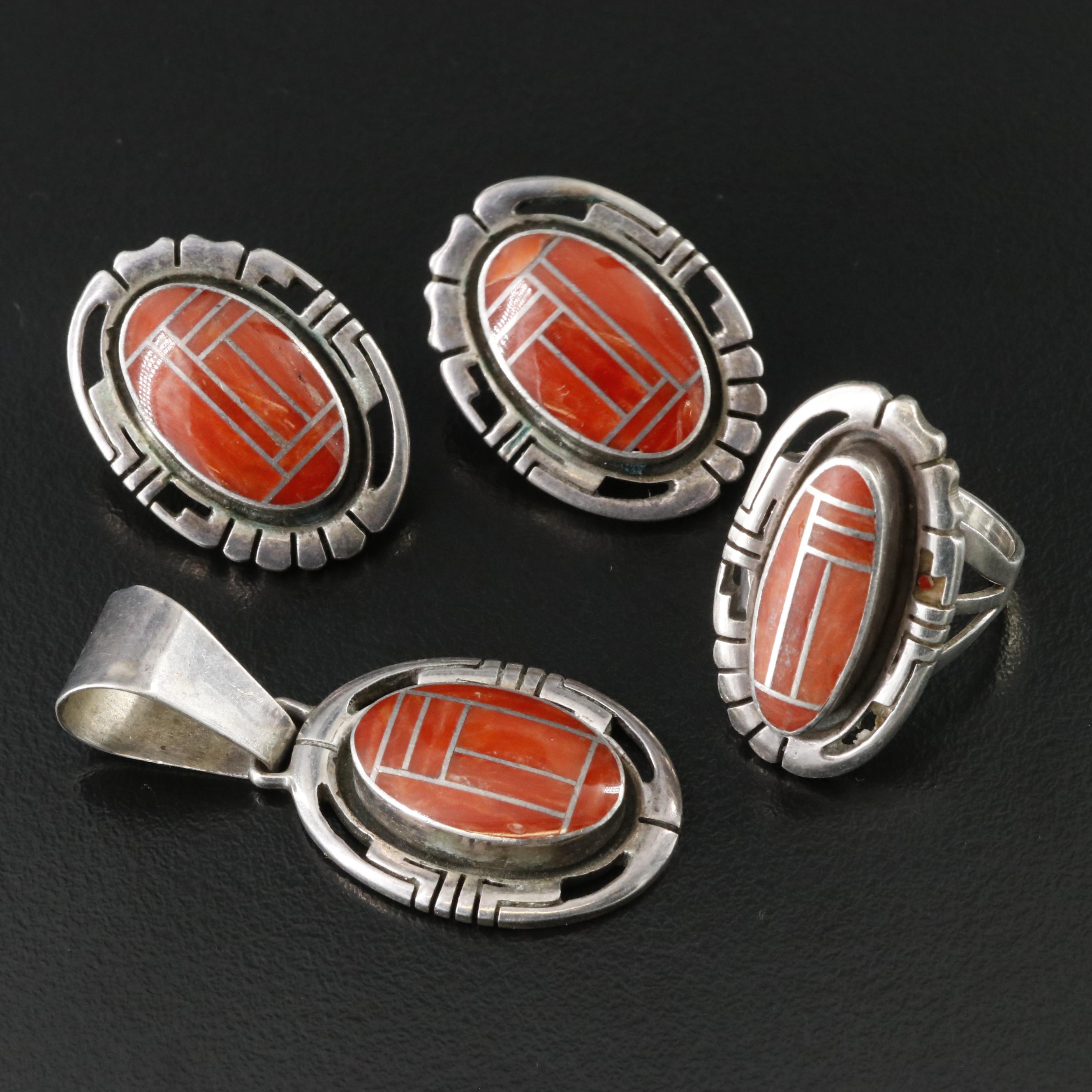Gilbert Nelson Navajo Diné Sterling Coral Inlay Jewelry Set