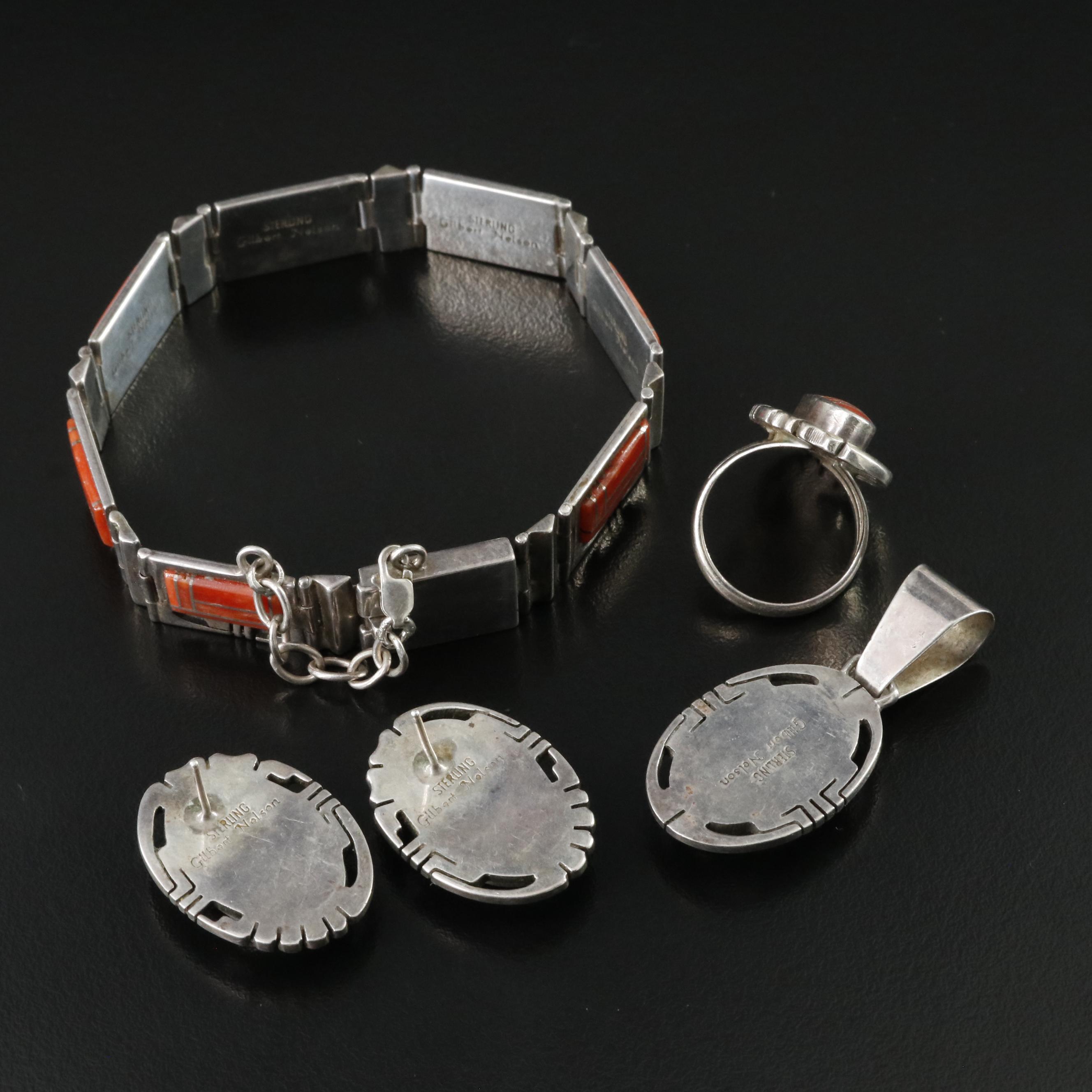 Gilbert Nelson Navajo Diné Sterling Coral Inlay Jewelry Set