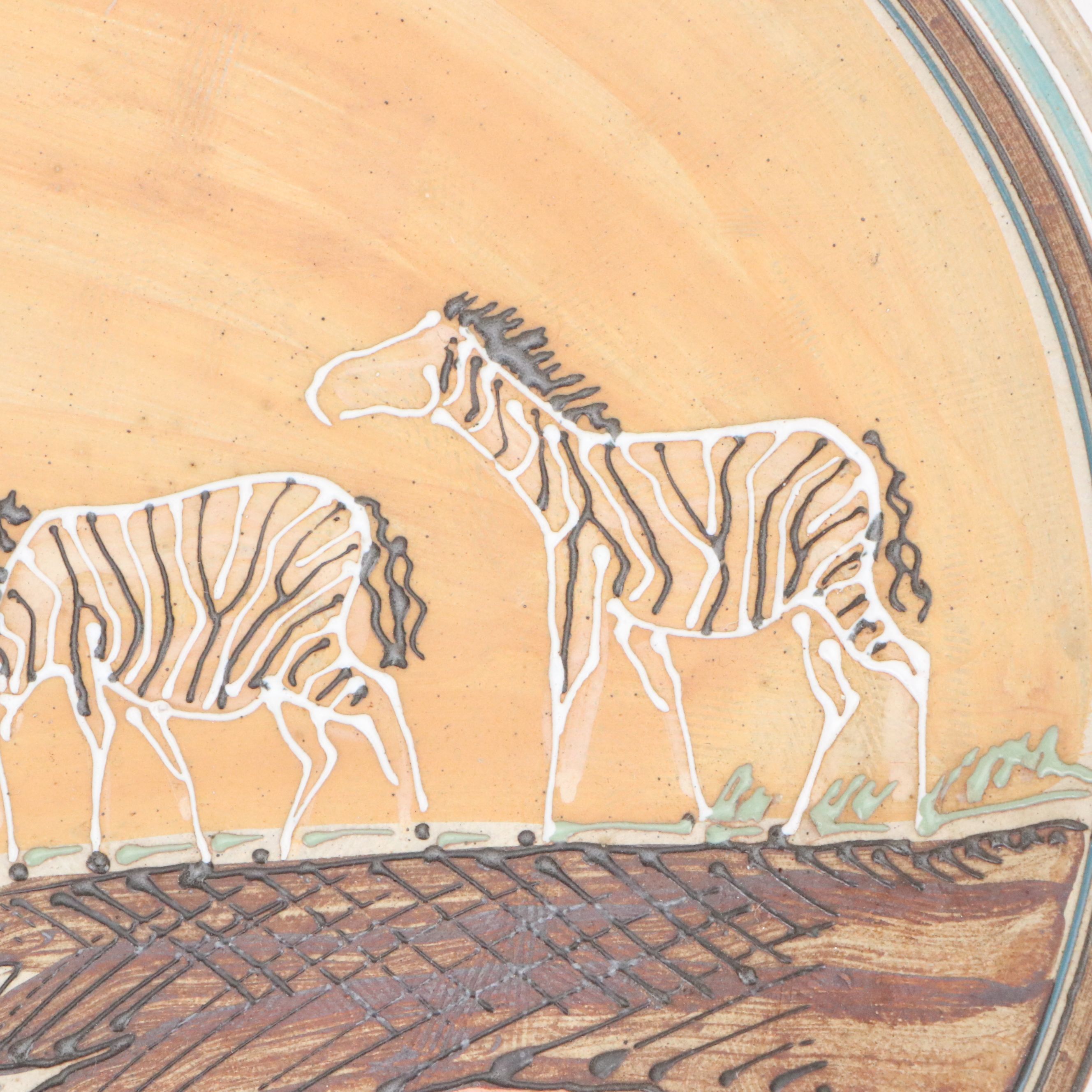 Signed Art Pottery African Savannah with Zebras Platter, 1993, Attr. Donn Hedman