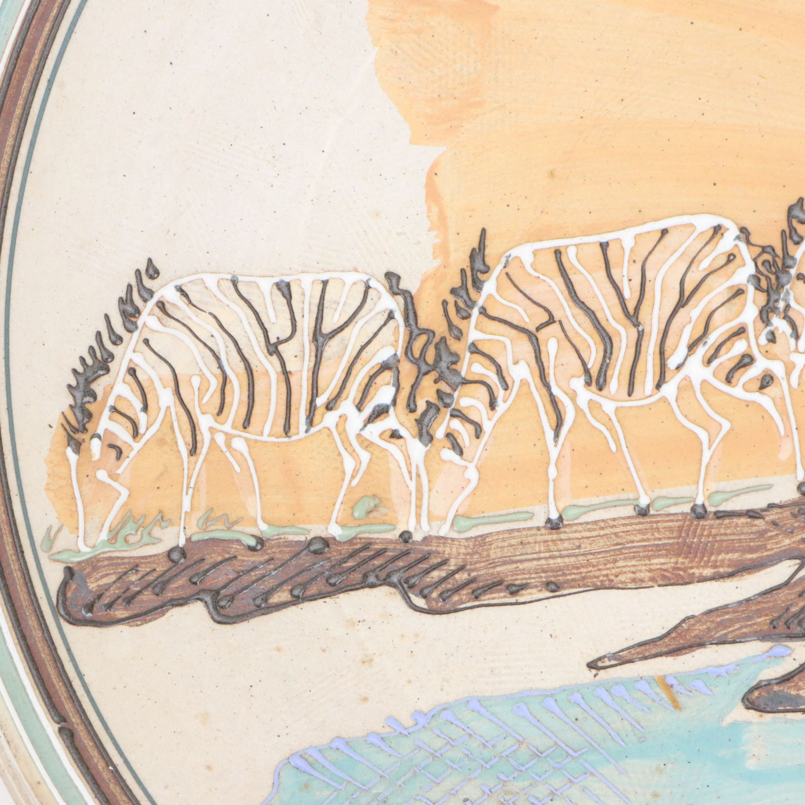 Signed Art Pottery African Savannah with Zebras Platter, 1993, Attr. Donn Hedman