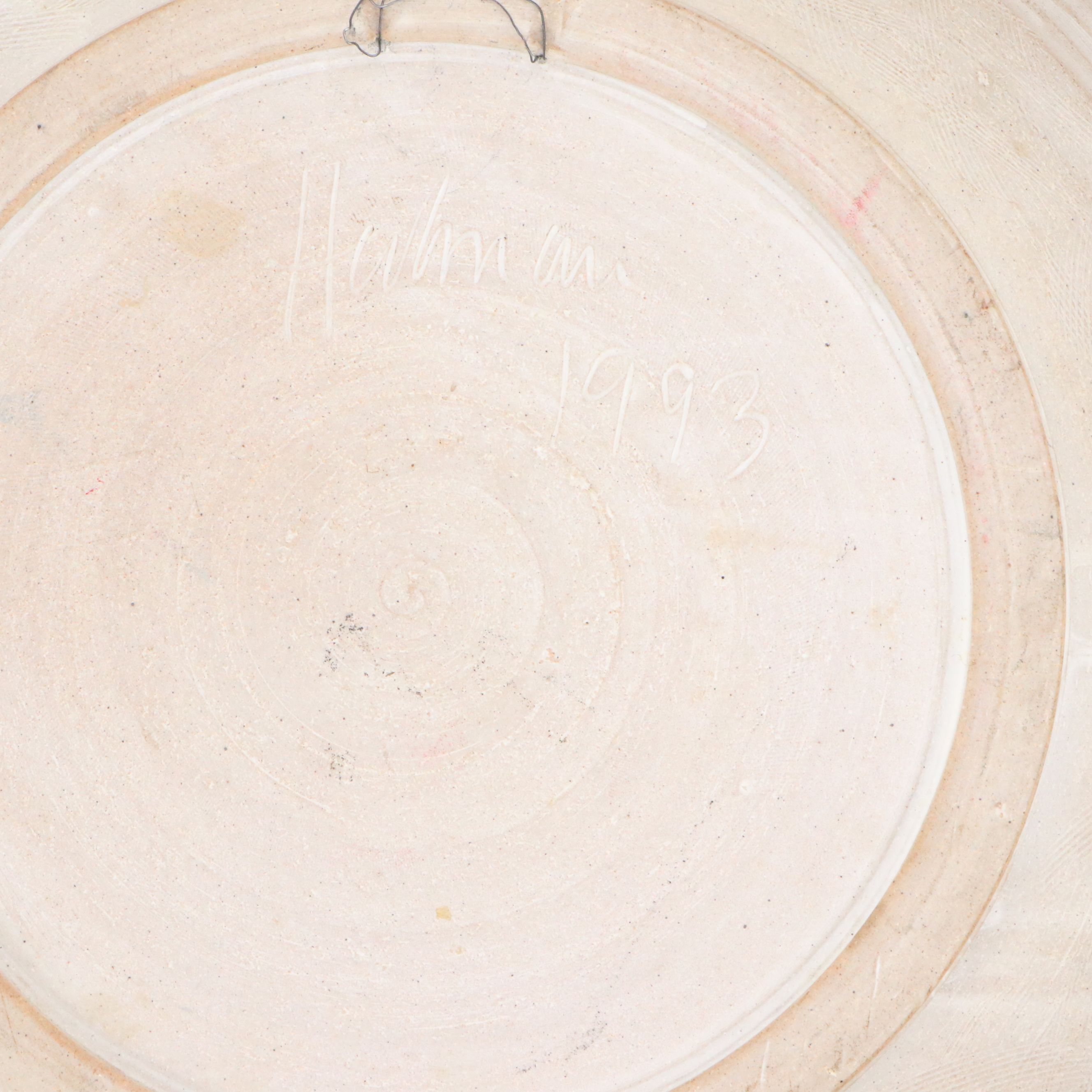 Signed Art Pottery African Savannah with Zebras Platter, 1993, Attr. Donn Hedman