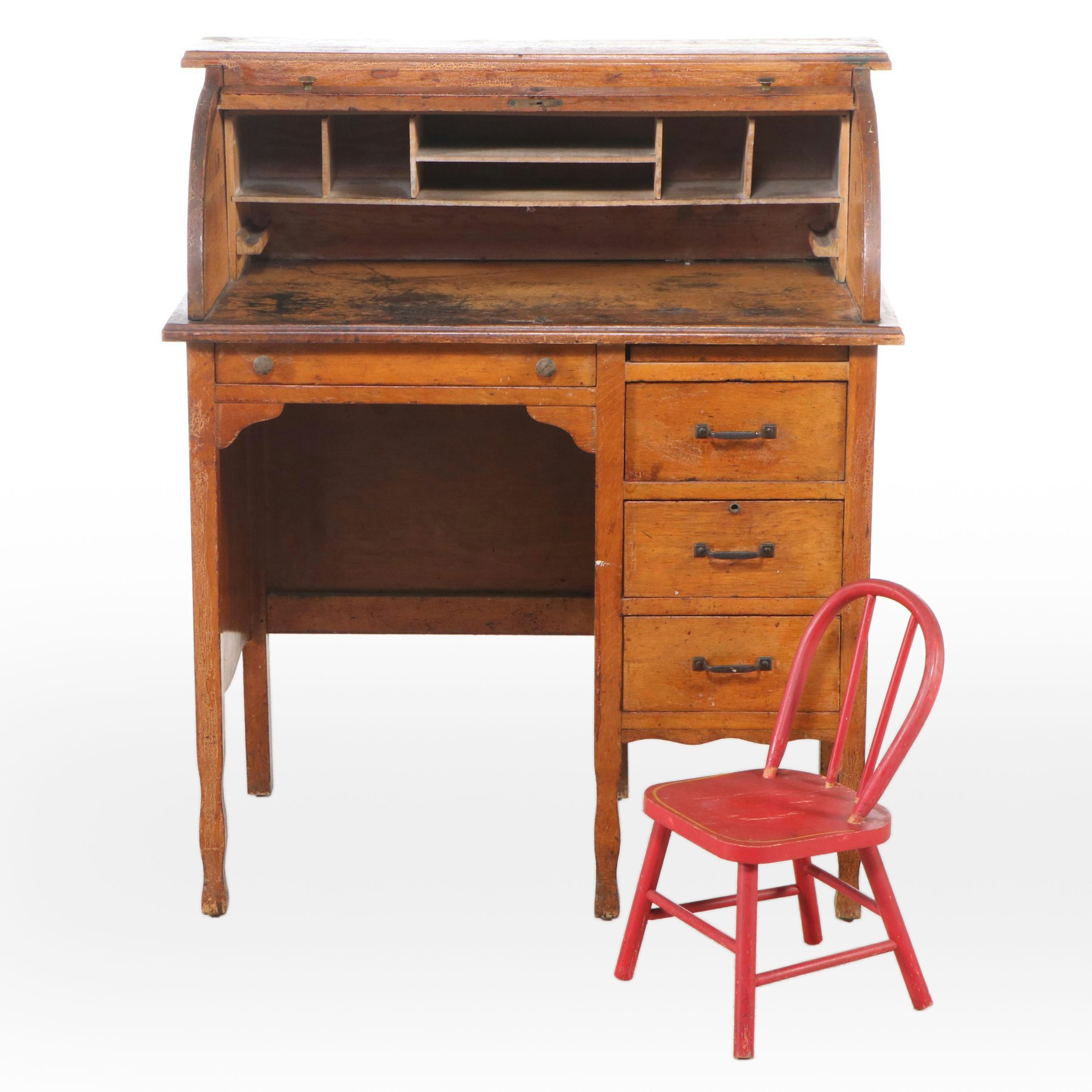 Vintage Oak Roll-Top Desk with Painted Children's Chair