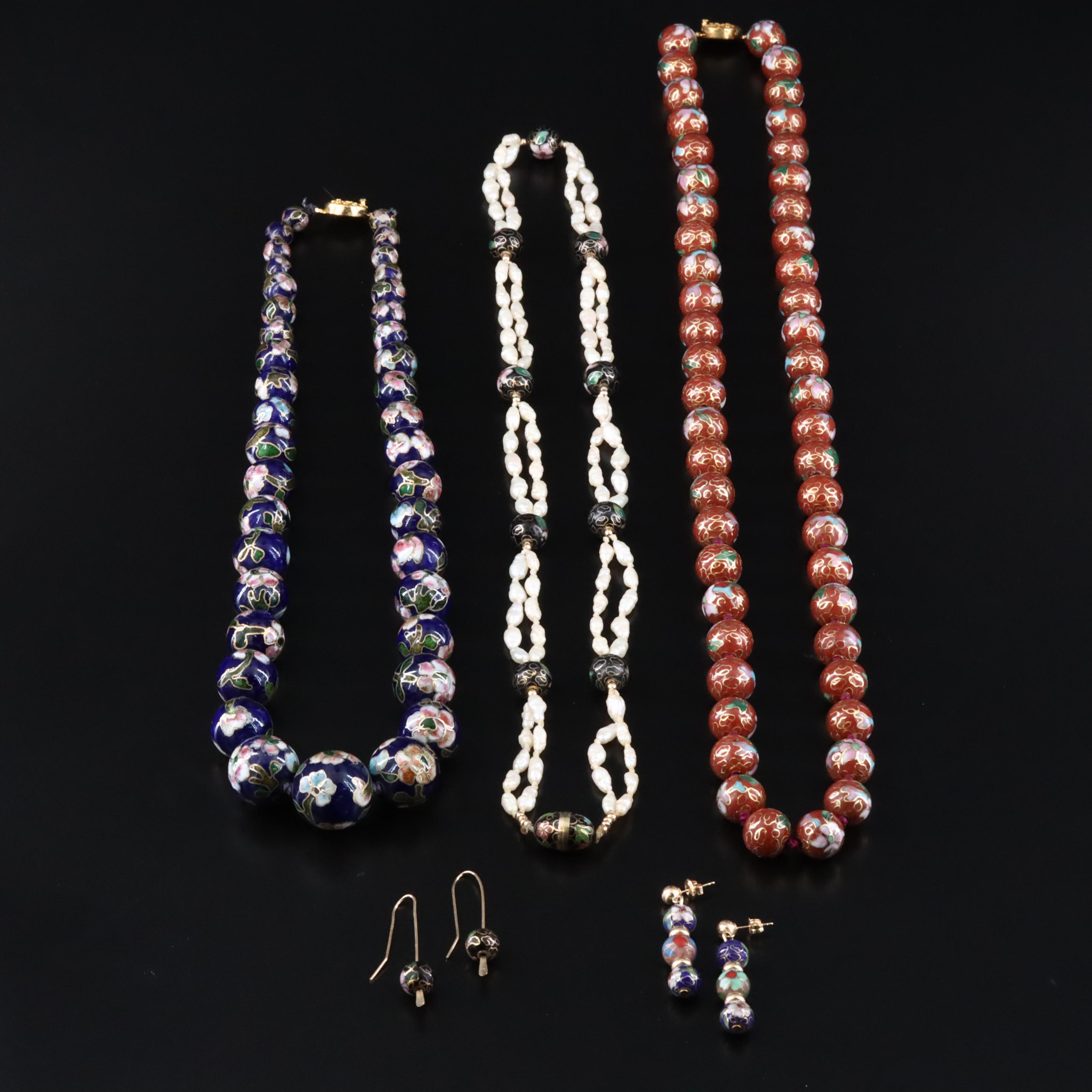 Cloisonné and Pearl Jewelry Collection Including 14K