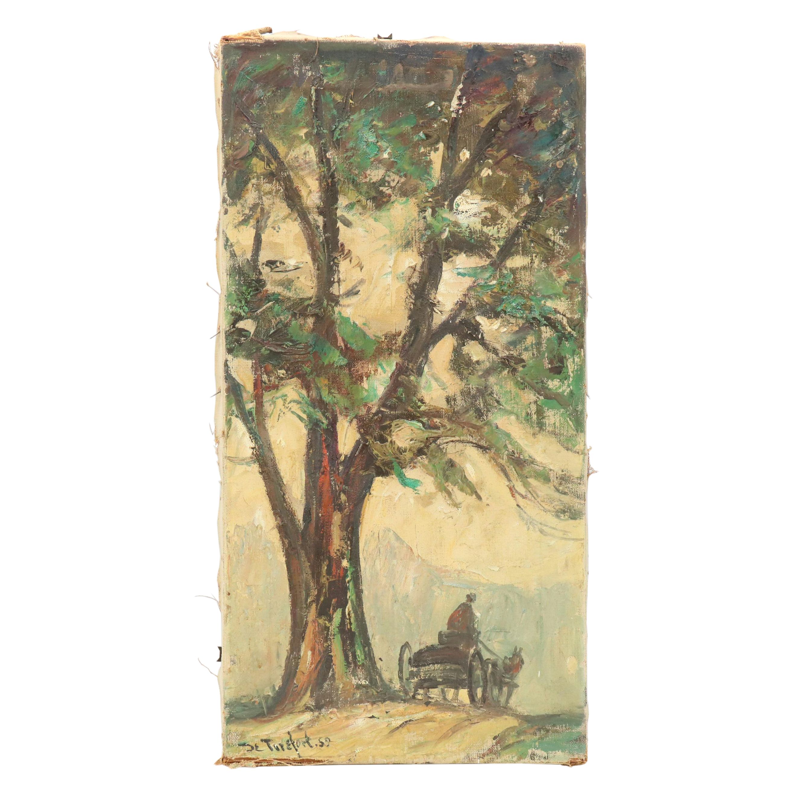 Bela DeTirefort Impasto Oil Painting of Carriage and Tree, 20th C.