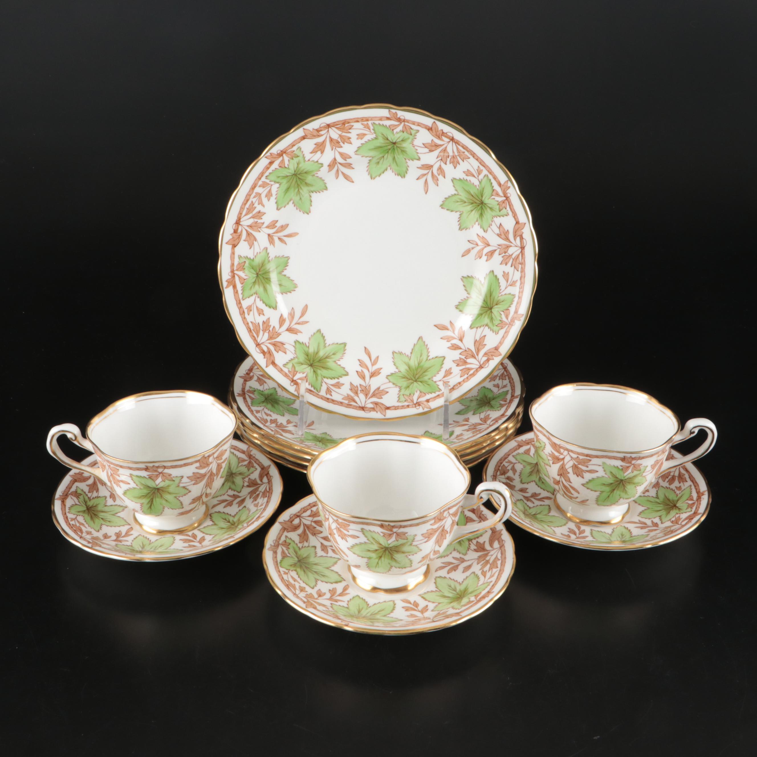 Royal Chelsea Green Leaves Bone China Salad Plates with Teacups and Saucers