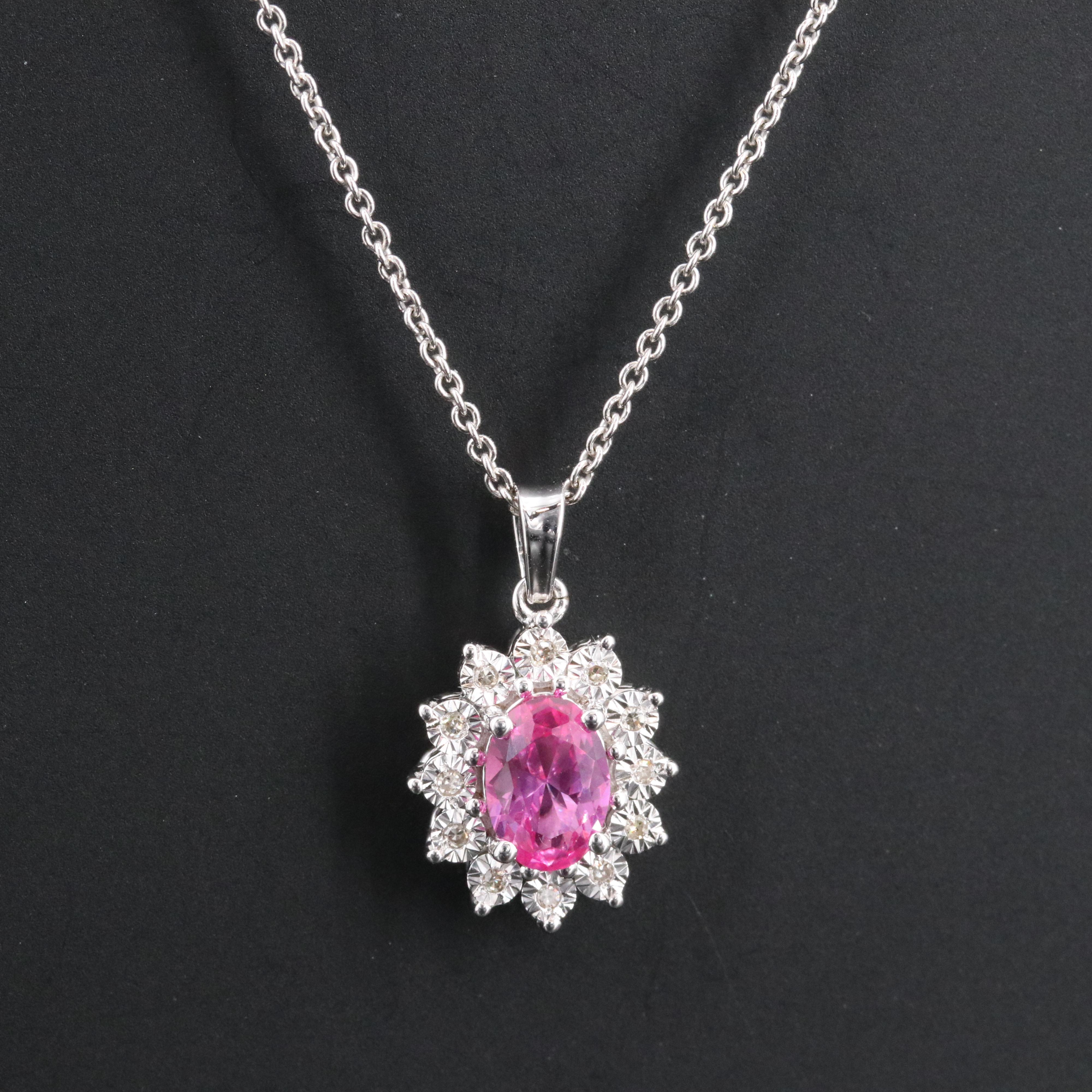 Sterling Pink Sapphire and Diamond Pendant Necklace