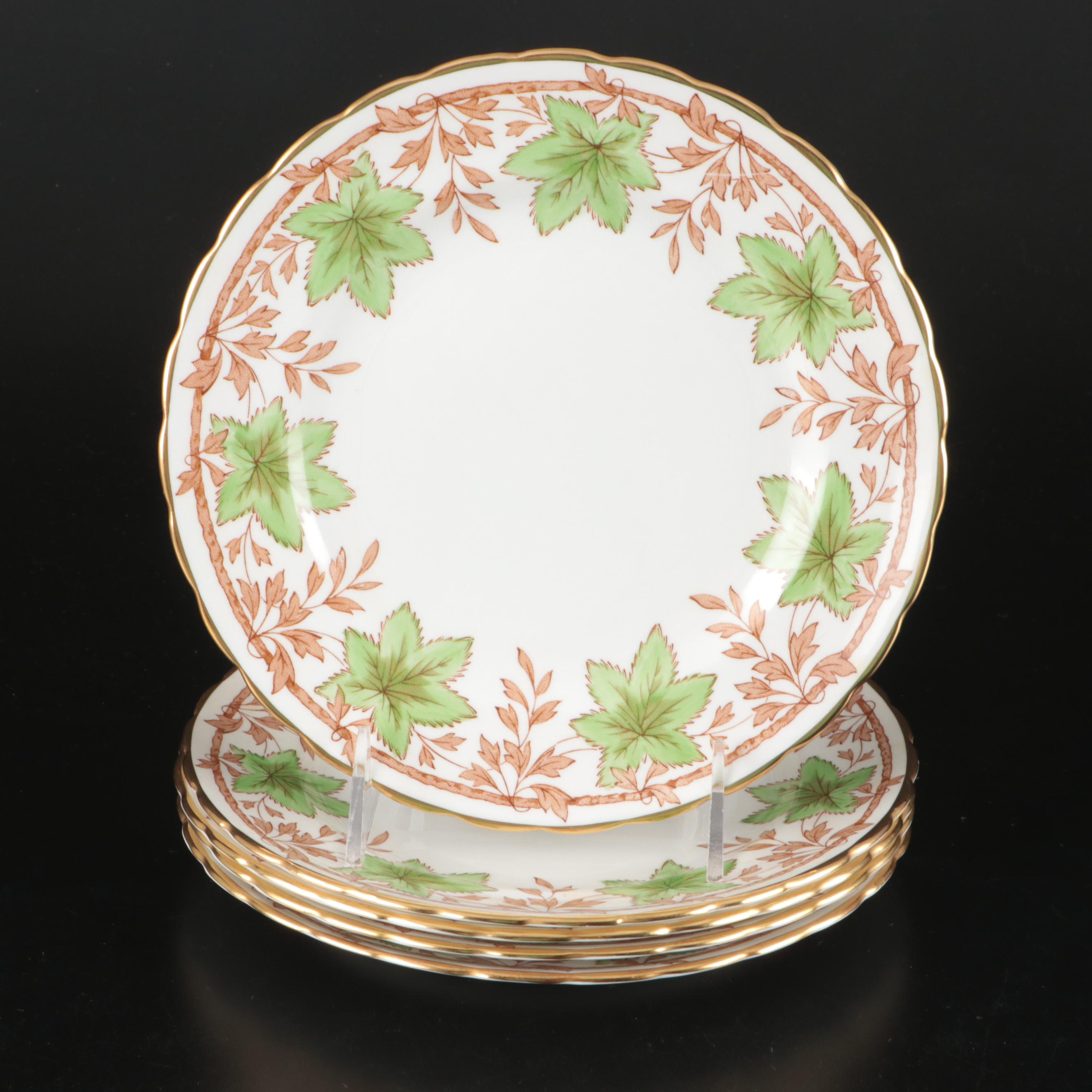 Royal Chelsea Green Leaves Bone China Salad Plates with Teacups and Saucers