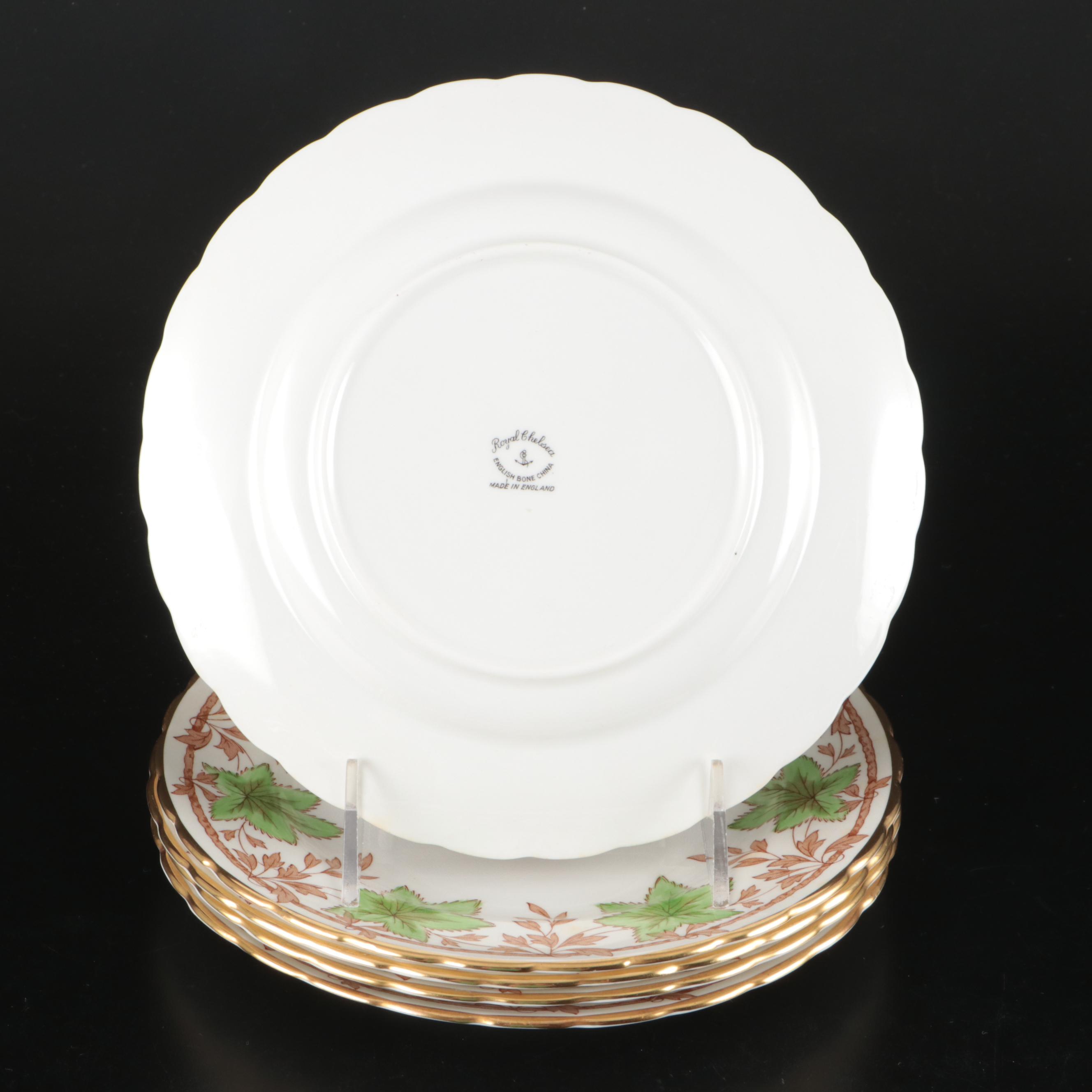 Royal Chelsea Green Leaves Bone China Salad Plates with Teacups and Saucers