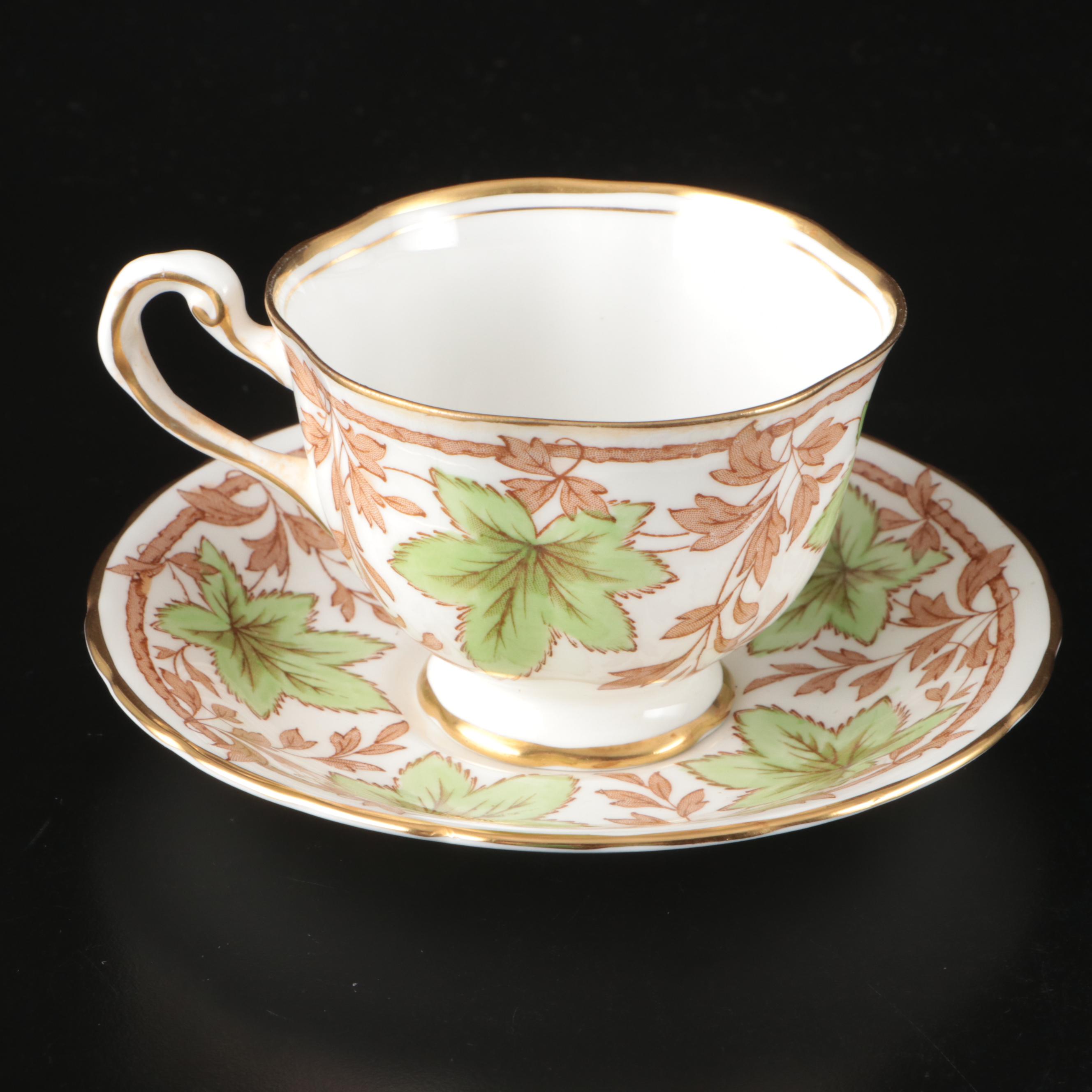 Royal Chelsea Green Leaves Bone China Salad Plates with Teacups and Saucers