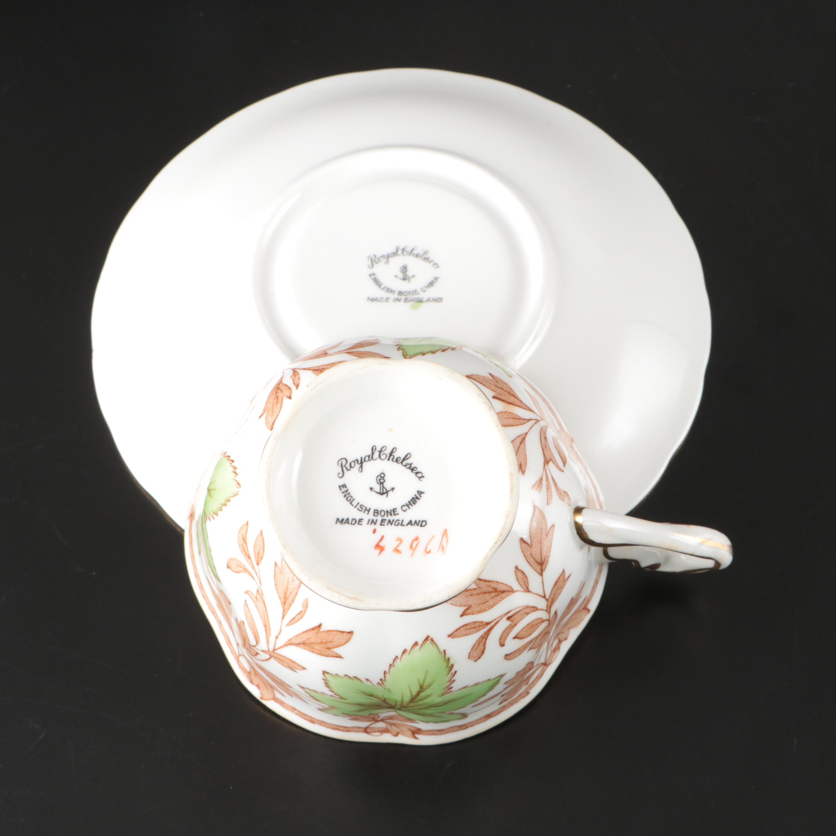 Royal Chelsea Green Leaves Bone China Salad Plates with Teacups and Saucers