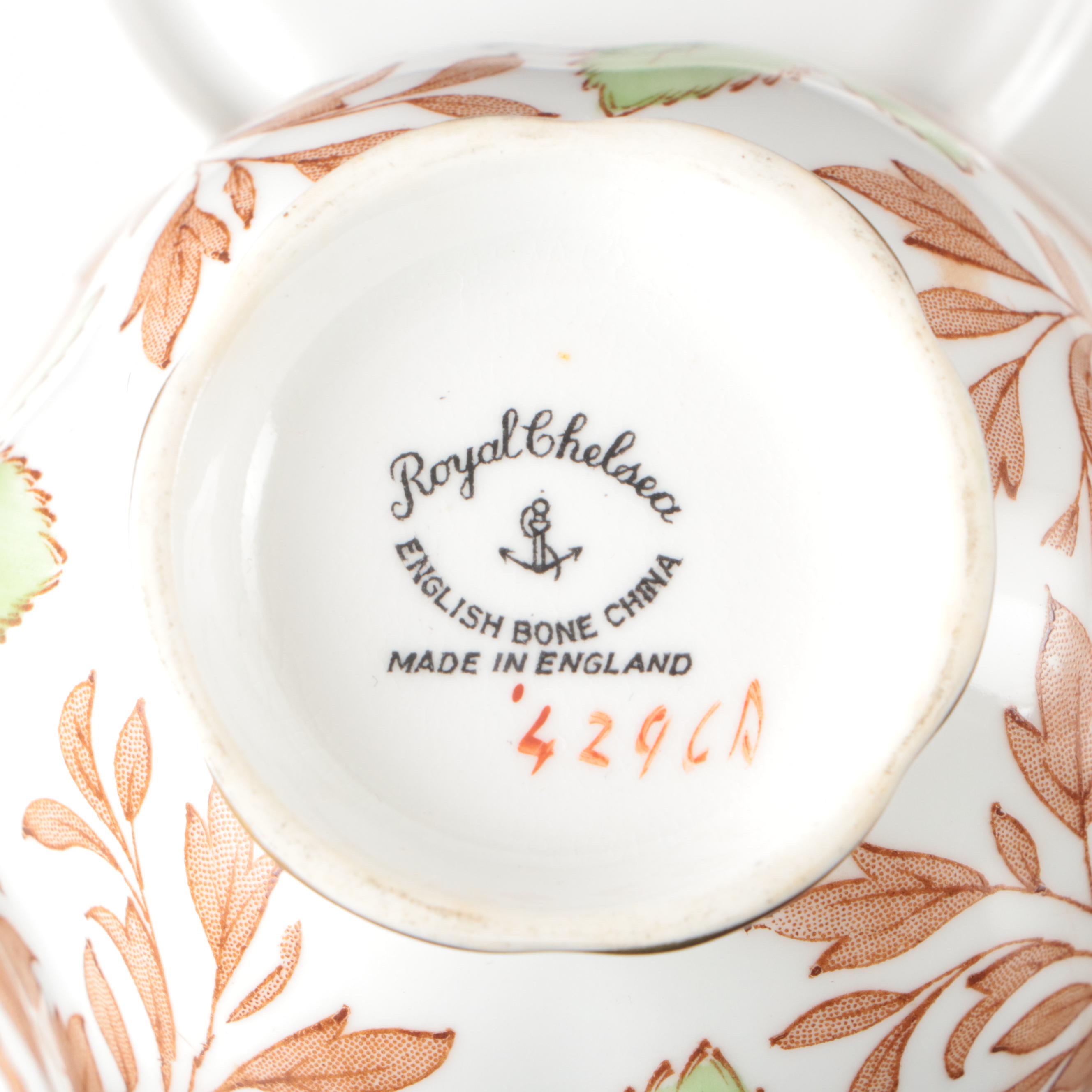 Royal Chelsea Green Leaves Bone China Salad Plates with Teacups and Saucers