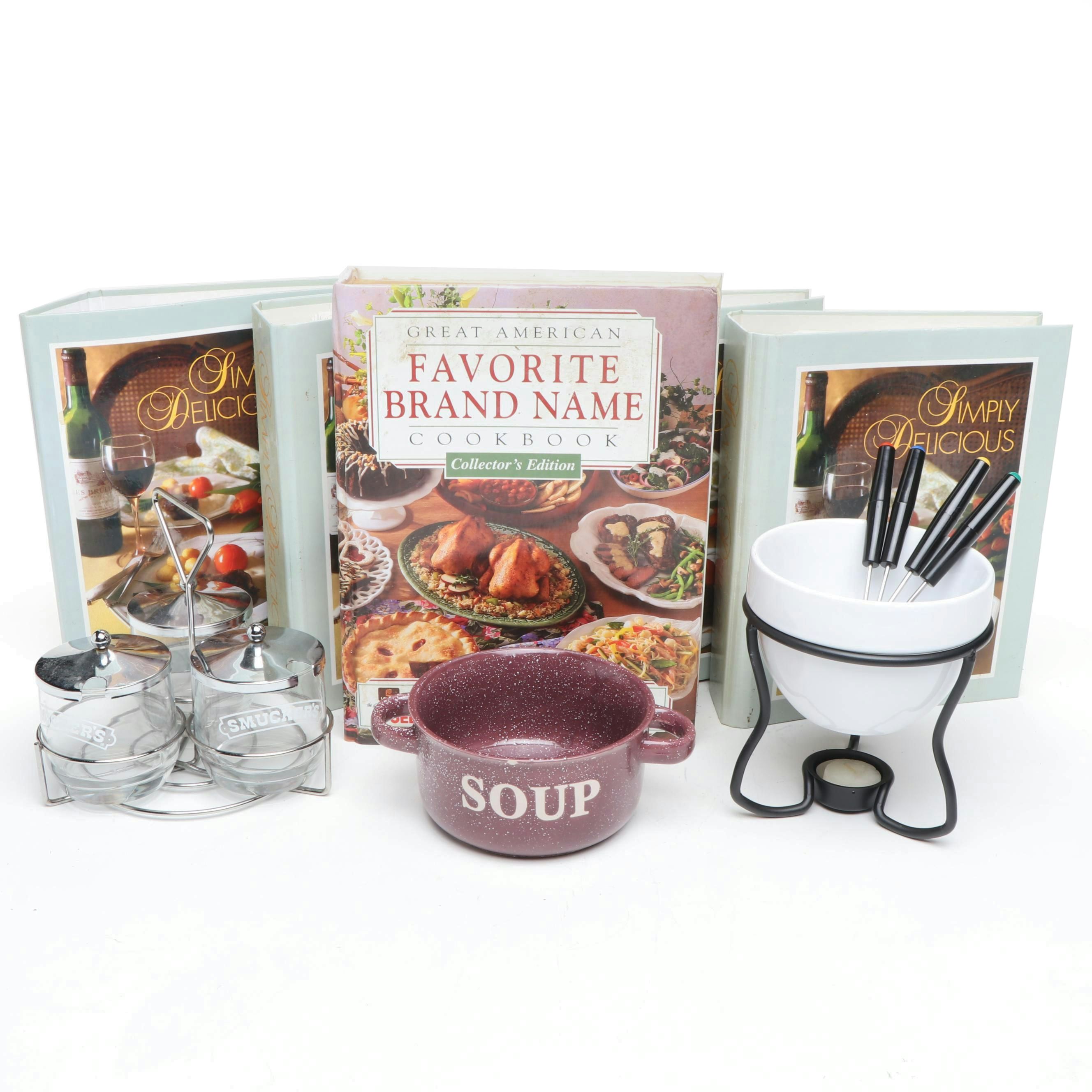 Wilton Fondue Set with Smuckers Glass Jars and Other Ceramic Bowl and Cookbooks