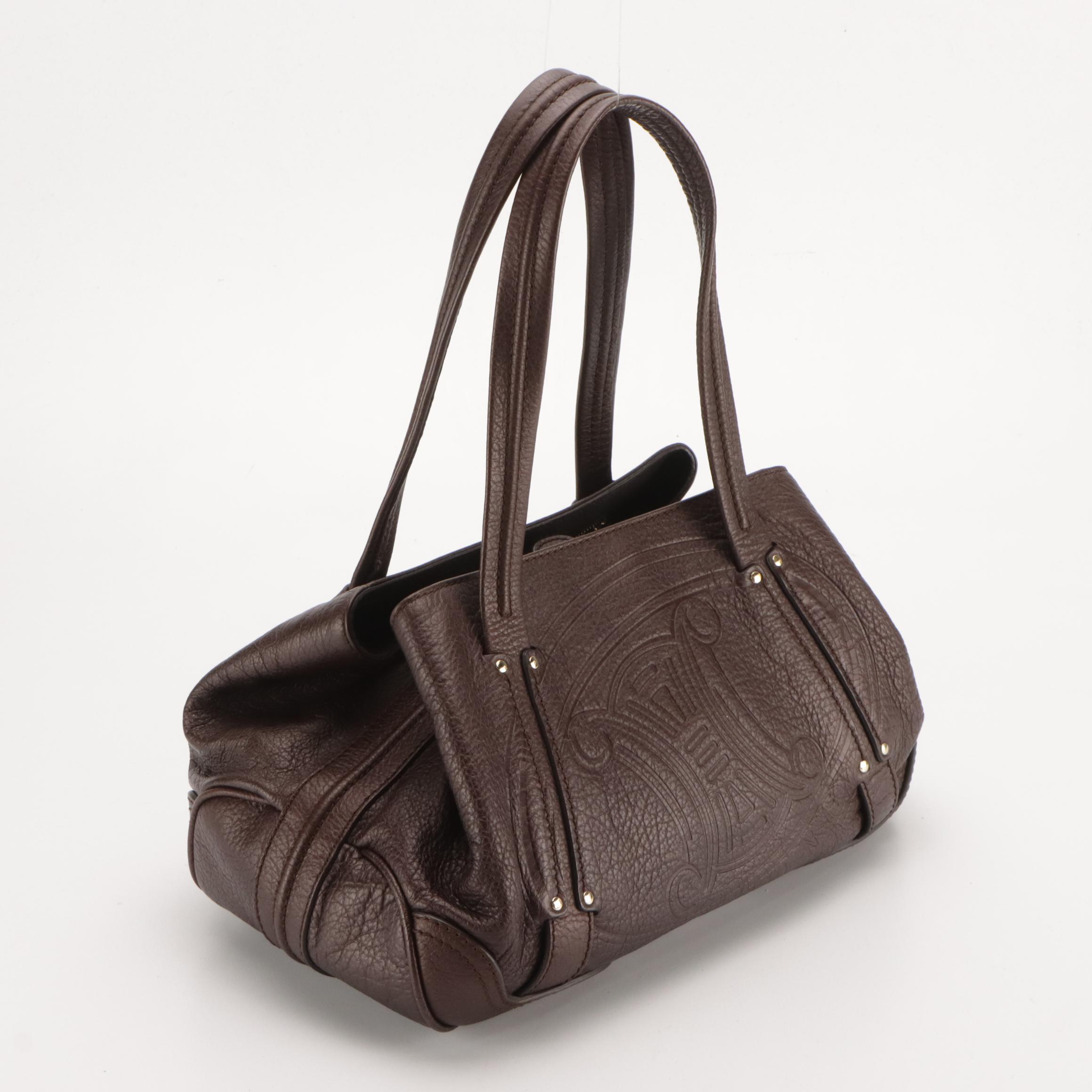 Celine Triomphe Logo Shoulder Bag in Brown Grain Leather