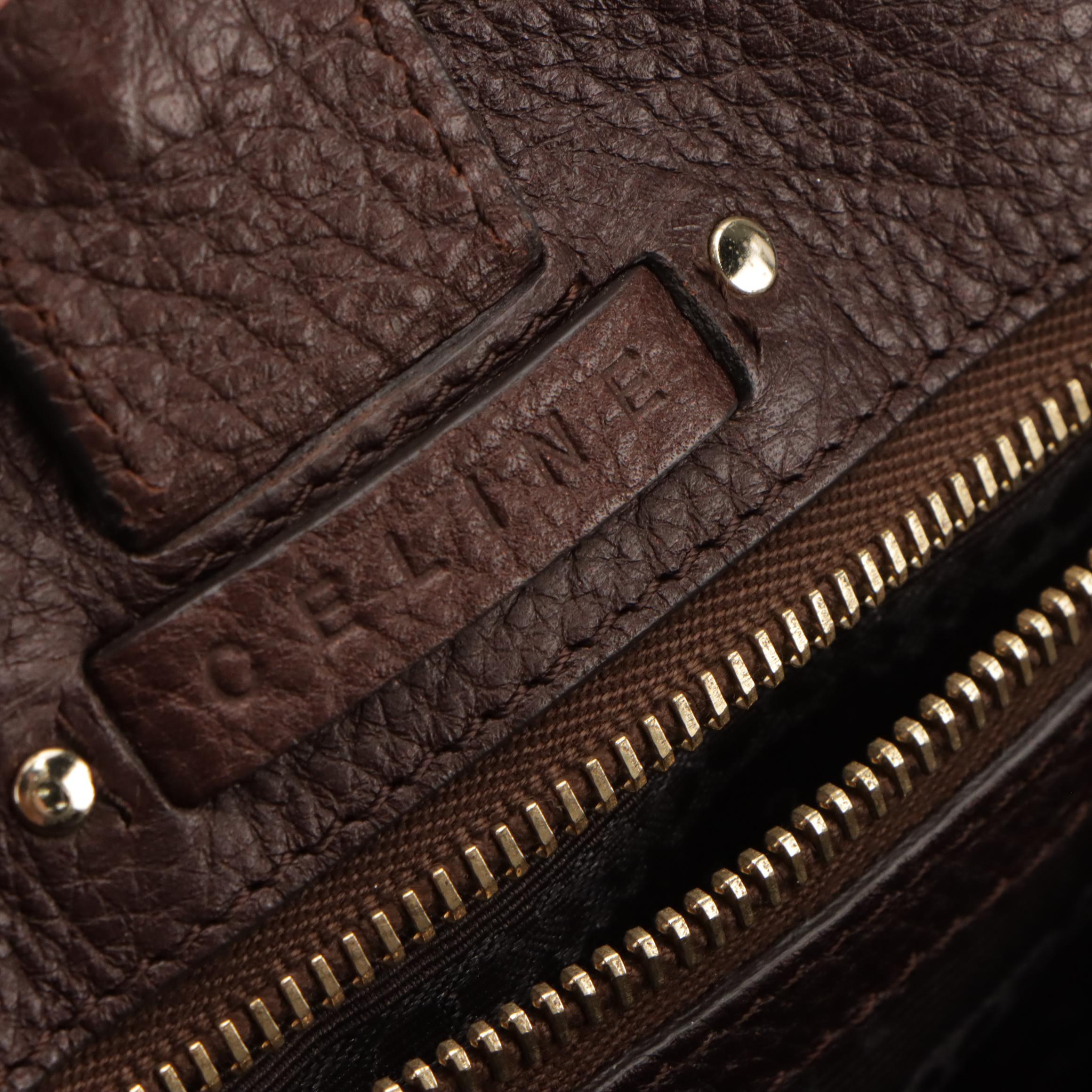 Celine Triomphe Logo Shoulder Bag in Brown Grain Leather