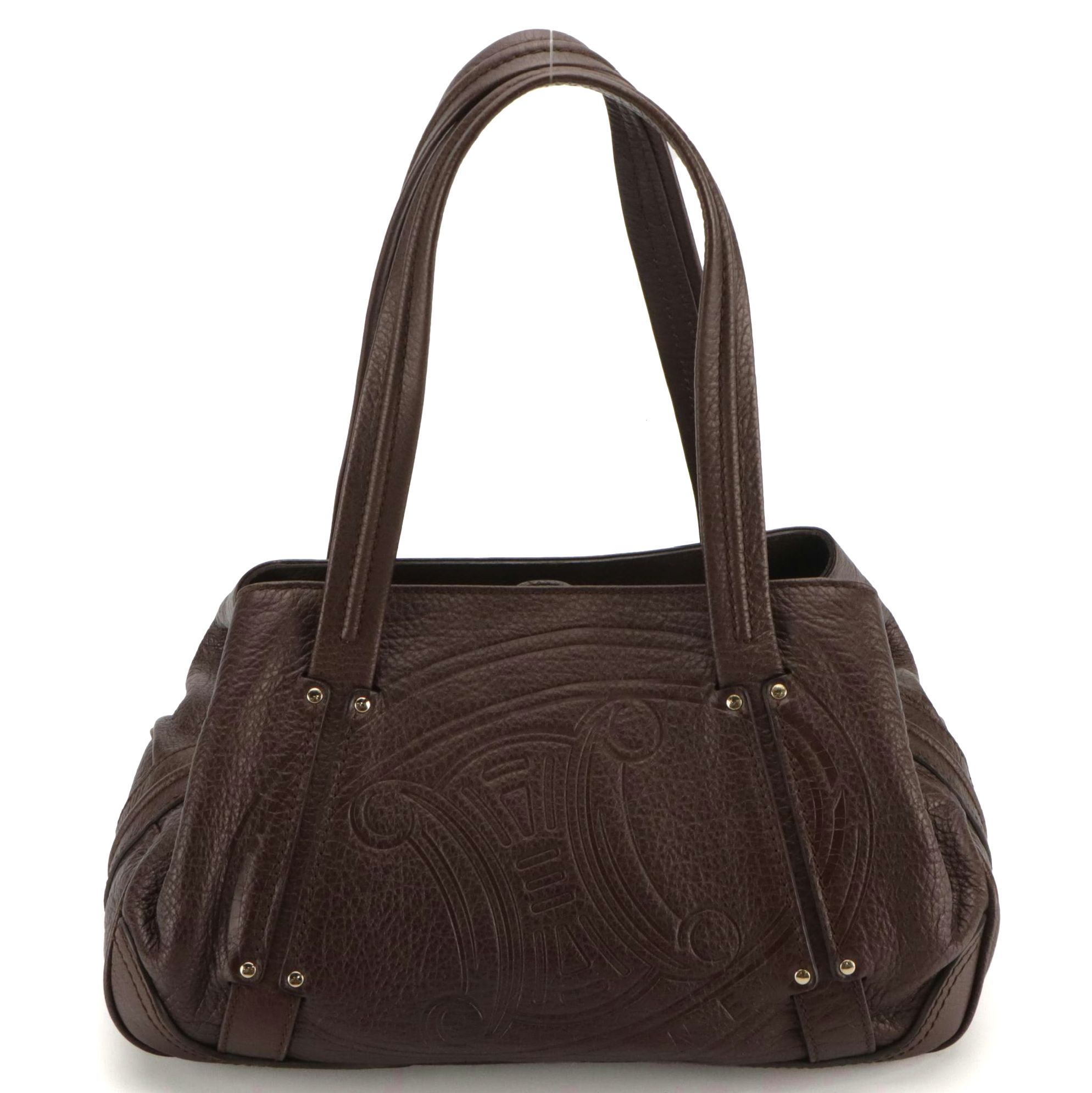 Celine Triomphe Logo Shoulder Bag in Brown Grain Leather
