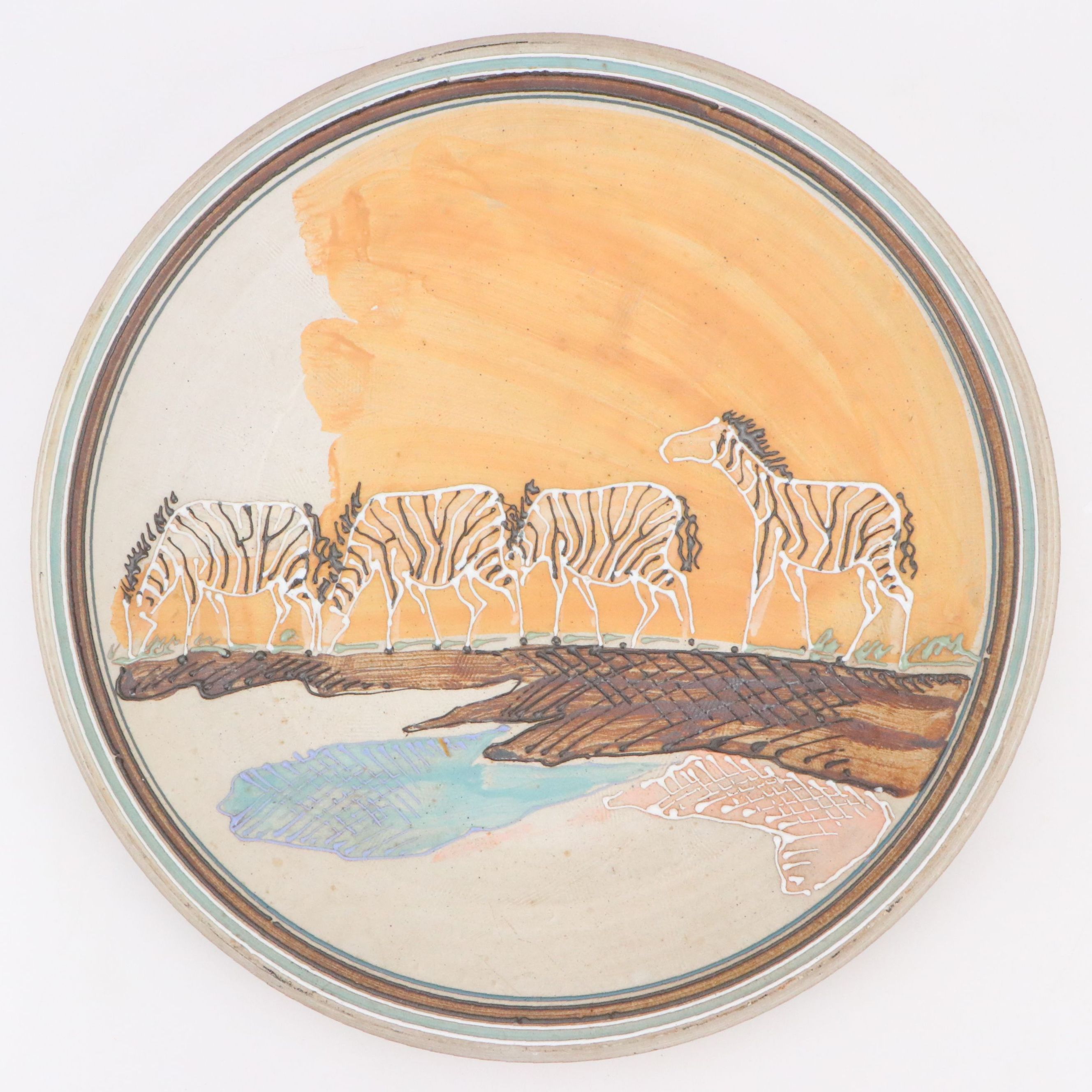 Signed Art Pottery African Savannah with Zebras Platter, 1993, Attr. Donn Hedman