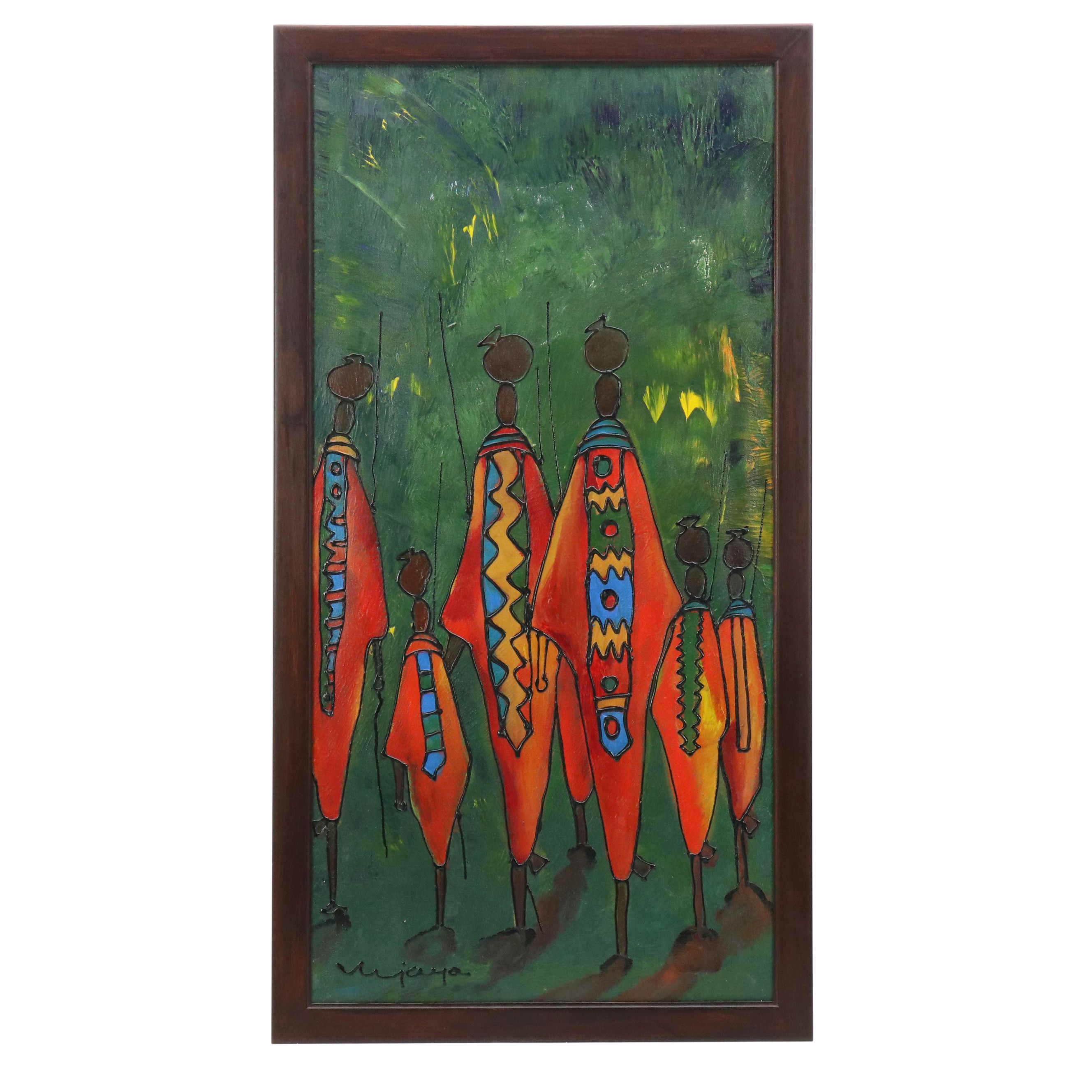 Stylized Acrylic Painting of Maasai Water Bearer Women & Children Figural Group