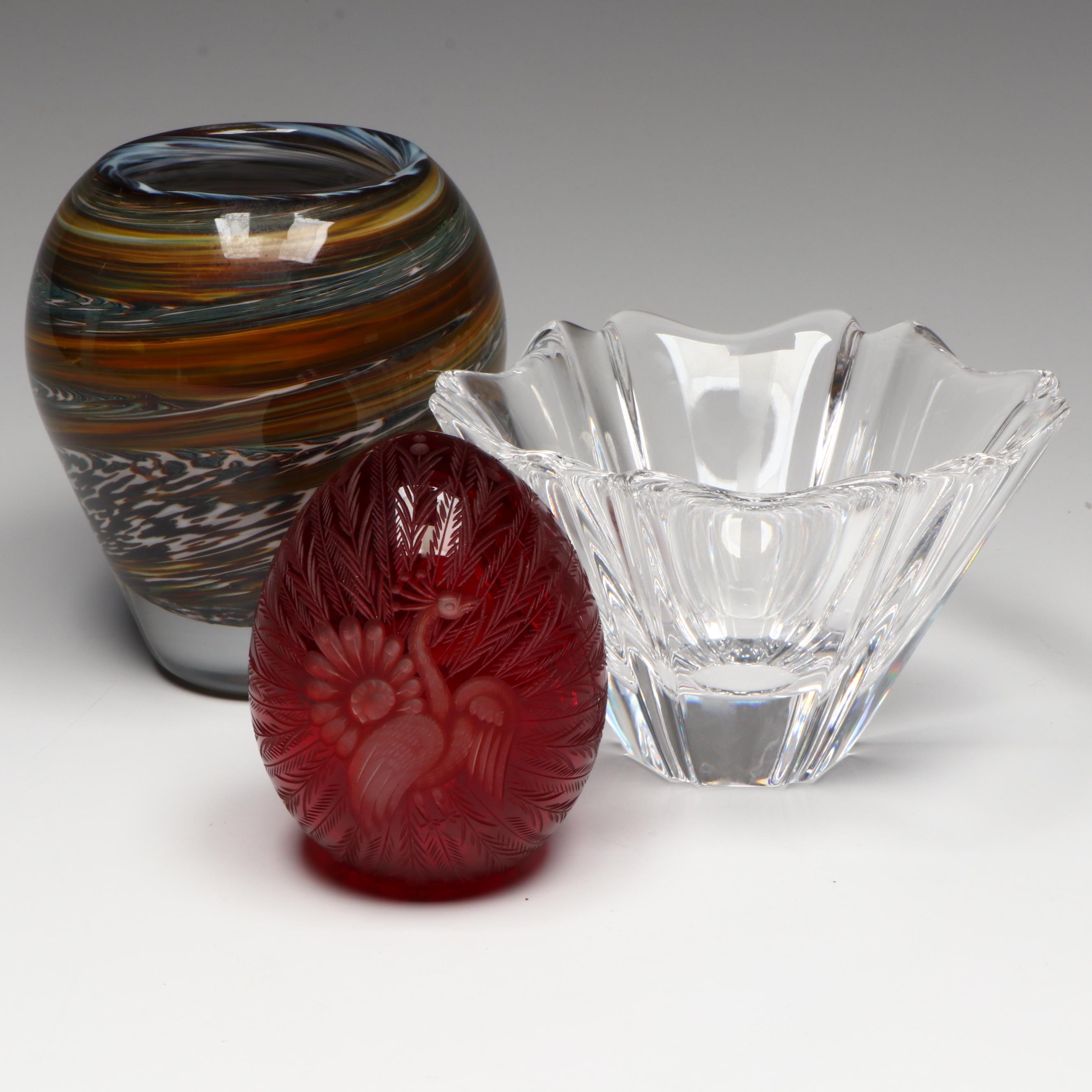 Orrefors "Orion" Crystal Bowl with Art Glass Vase and Egg
